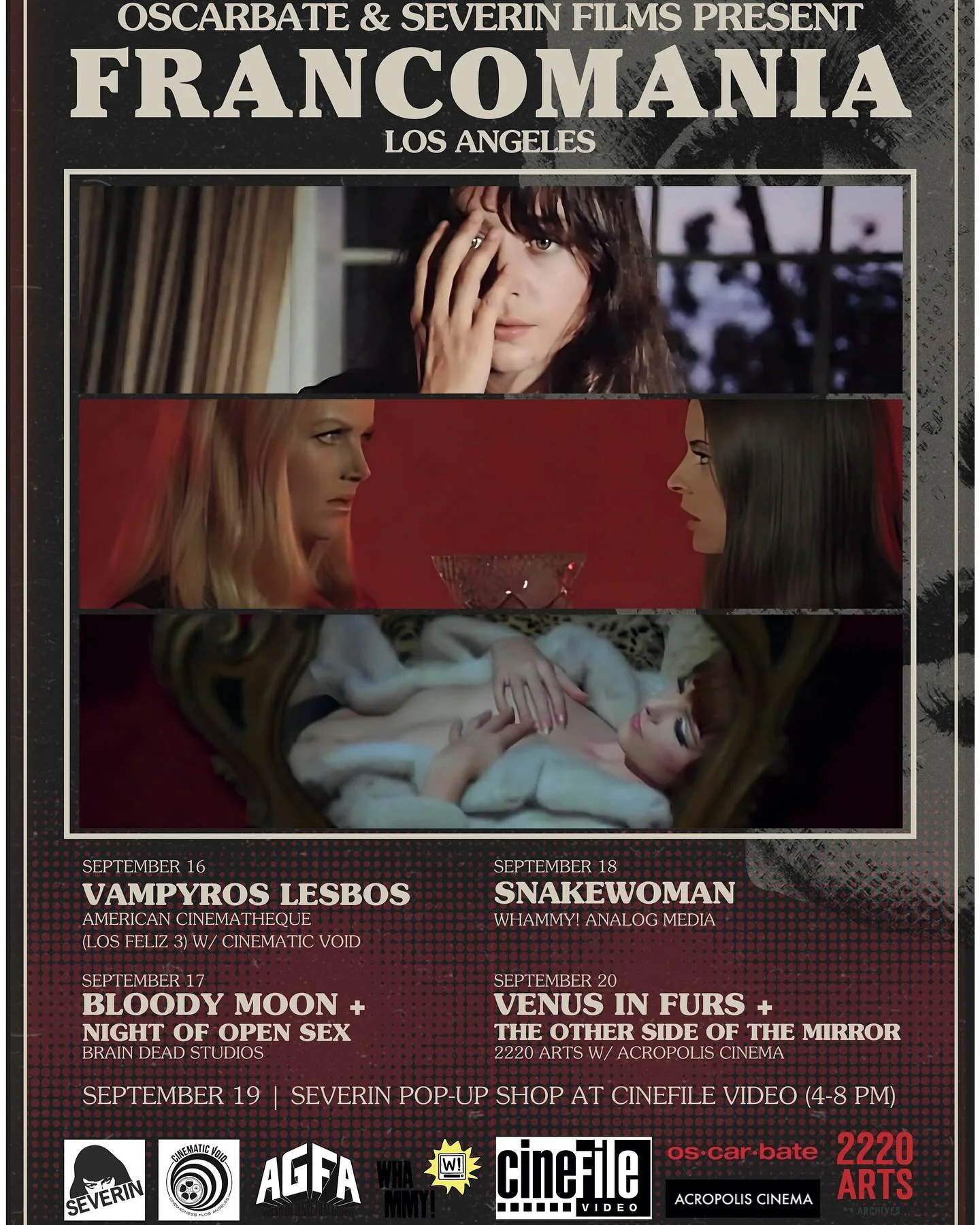 Who&rsquo;s ready for Franco Mania starting tonight?

In celebration of the @oscarbatepod Jess Franco film screenings across town we&rsquo;ve partnered with @severinfilms to do a in-store pop up.

Join us at Cinefile Video in Santa Monica for a spine