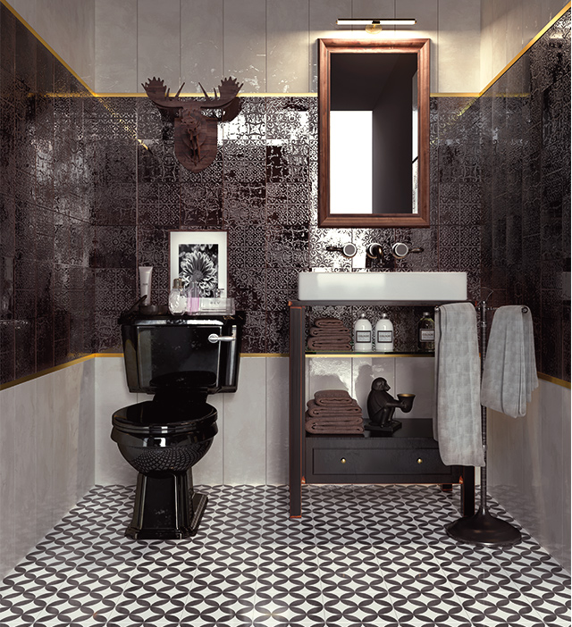 Dakota Tiles: Valora Silver 202x595 (upper wall) and Fairton Flower 592x592 (floor)