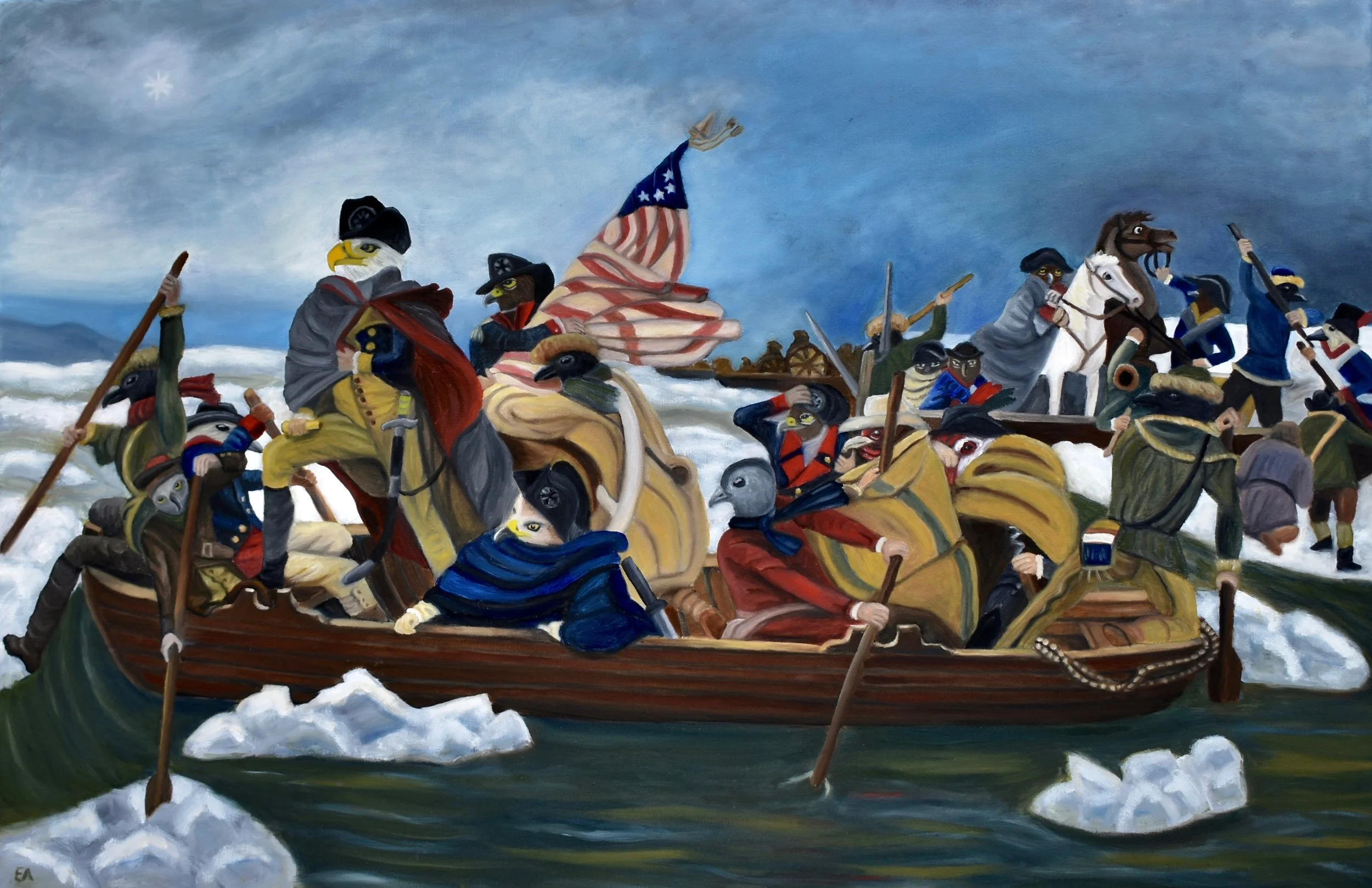 "Eagle's Crossing" 24x36 Oil on Canvas. It came as a surprise to me that "Washington Crossing the Delaware" was actually a piece of propoganda created by a German artist who hoped to use the American Revolution to inspire Europeans to push for liberal reform in mid 1800's. The figures in the original painting are a veritable melting pot of ethnicities, even including a woman at the forefront, presumably to promote the idea of a culturally diverse and forward thinking America. Replacing these figures with the appropriate birds was a challenge. Washington himself, of course, could easily be represented by a bald eagle. Most of the other birds are chosen because they are the national bird of the original individual or a close equivalent. The Native American figures are represented by crows because of their respect for the crow. The Scotsman have the Golden Eyed eagle as their equivalent as it is the national bird of Scotland. The African figures are represented by the Hamerkop, the National Bird of Gambia. The two figures that seem to be farmers have been replaced with chickens. And the non-descript white soldiers are either Common Buzzards or Imperial Eagles, this choice mainly being a personal preference for the look of these birds. Finally, the lady in red in the front is a Cat Bird, well, you can guess why... Painting Inspired by: "Washington Crossing the Delaware" Emanuel Leutze, 1851.