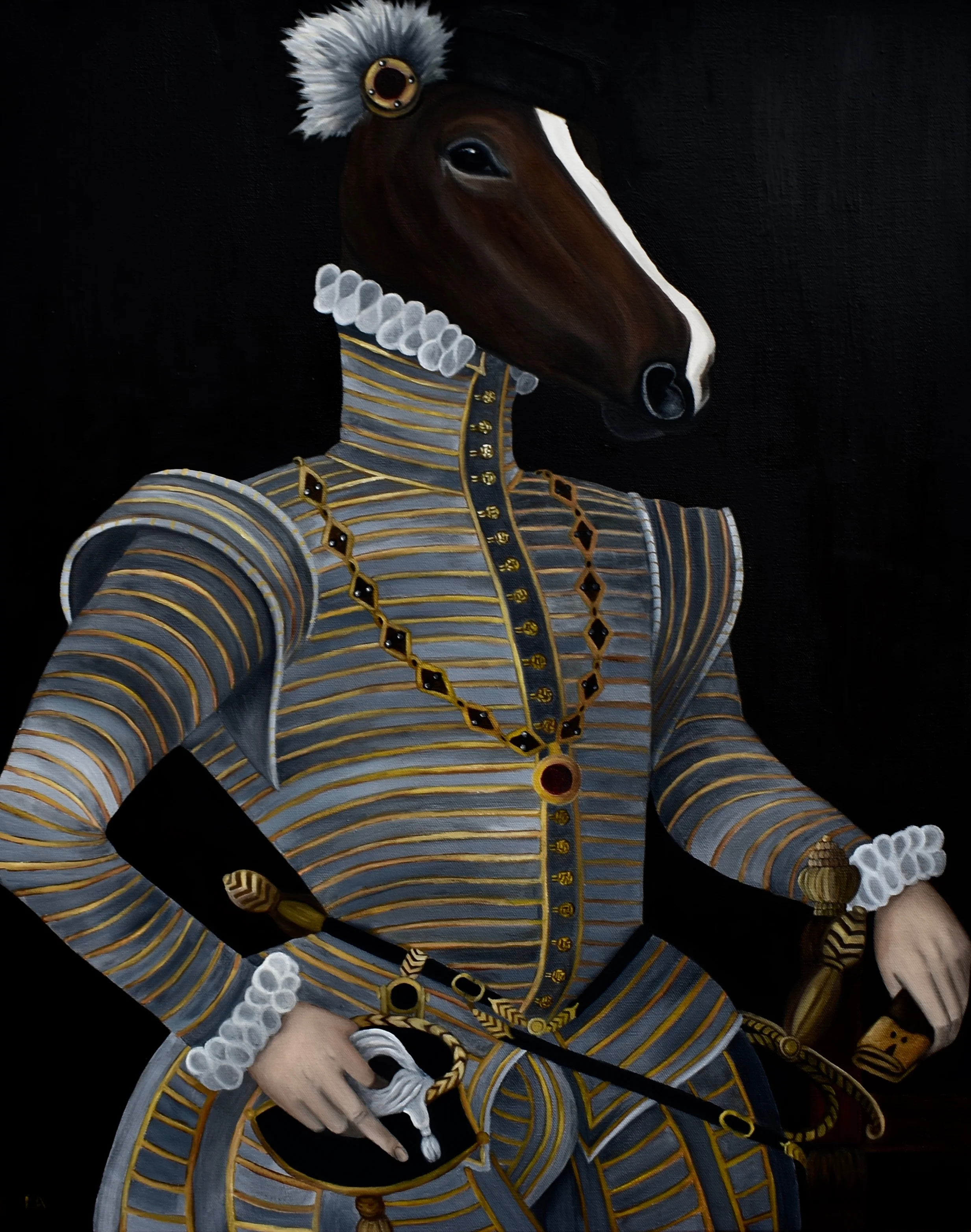 “Master of the Horse” 24x30 oil on canvas. Robert Dudley (1532-1588) was the son of the Duke of Northumberland who famously failed to prevent the accession of Mary I of England. Things looked bleak for young Robert until he proved himself loyal to Mary by fighting for her Husband Phillip in the Battle of St. Quentin. A few years later, the once fallen noble began a meteoric rise to fame once Elizabeth I took power. It was no secret that the handsome Robert Dudley was a favorite of the new Queen. On Elizabeth’s accession day Dudley was appointed Master of the Horse. Four years later in 1562 he became a privy councilor, in 1564 he became Earl of Leicester, and then in 1587 Lord Steward of the Royal Household. In 1588 Dudley was overall command for the ground forces fighting the Spanish Armada. Dudley was one of the greatest landowners in England in terms of royal grants at the time. Dudley spread his wealth about rather liberally and was involved in many large scale business ventures including the backing of Sir Francis Drake, the privateer who made it his hobby to rob Spanish treasure ships. But Dudley’s fame went far beyond his titles and wealth. There were also numerous scandals involving his relationship with Elizabeth. When his first wife died falling down a flight of stairs, rumors abounded that he had arranged her death so that he could marry the Queen. Dudley briefly courted Elizabeth after his wife’s death but the scandal was too much to overcome. When he remarried eighteen years later his new wife was banned from court by a jealous Elizabeth. There are many speculations about both Dudley’s relationship to Elizabeth as well as his true intentions as a courtier. There was even a book that circulated called “Leicester’s Commonwealth” that attacked Dudley and called him an amoral opportunist. Undoubtedly, this pamphlet was Roman Catholic propaganda against Dudley who became a puritan sympathizer after Elizabeth rose to power. Painting inspired by the “Portrait of Robert Dudley” attributed to Steven Van der Meulen (1564) but possibly by another artist.
