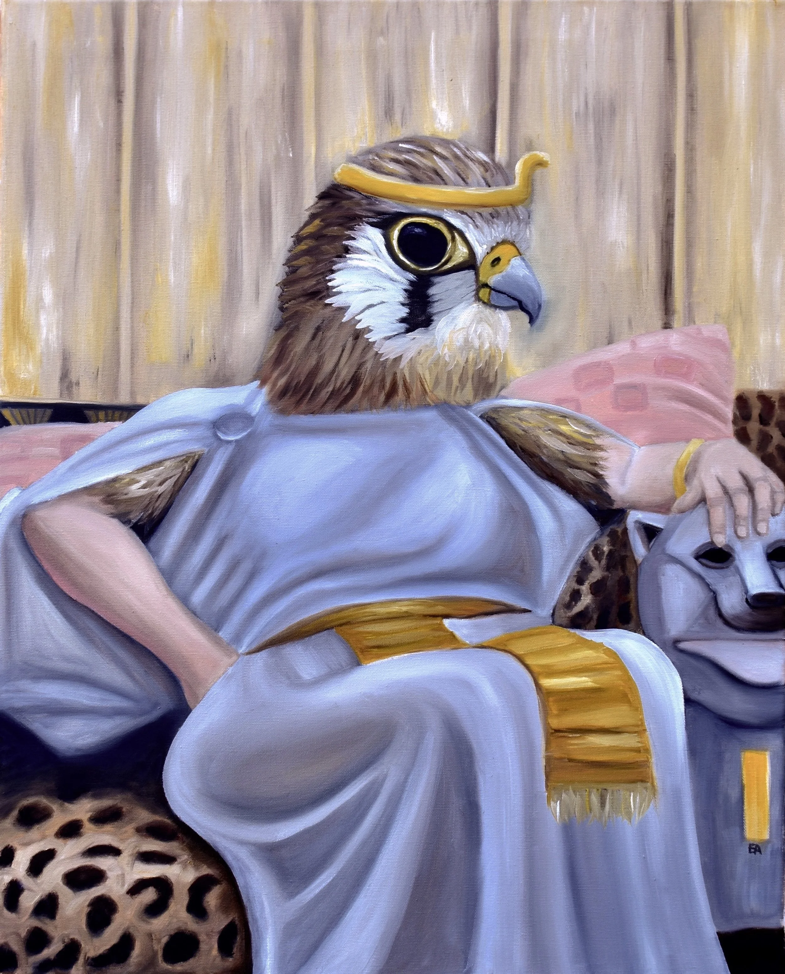 "The Great Lady of Perfection" 24x30 Oil on Canvas. The common kestrel was a bird revered by the Egyptians. The small falcon represented their major god Horus and was said to protect their royal sons and daughters. The bird was bred by the Egyptian people. Fed to death with little mice and then mummified and sacrificed to the gods. The falcon appears in the hieroglyphics that spell out Cleopatra's name. Protection for "the great lady of perfection." Painting inspired by: "Cleopatra" John Williams Waterhouse 1888