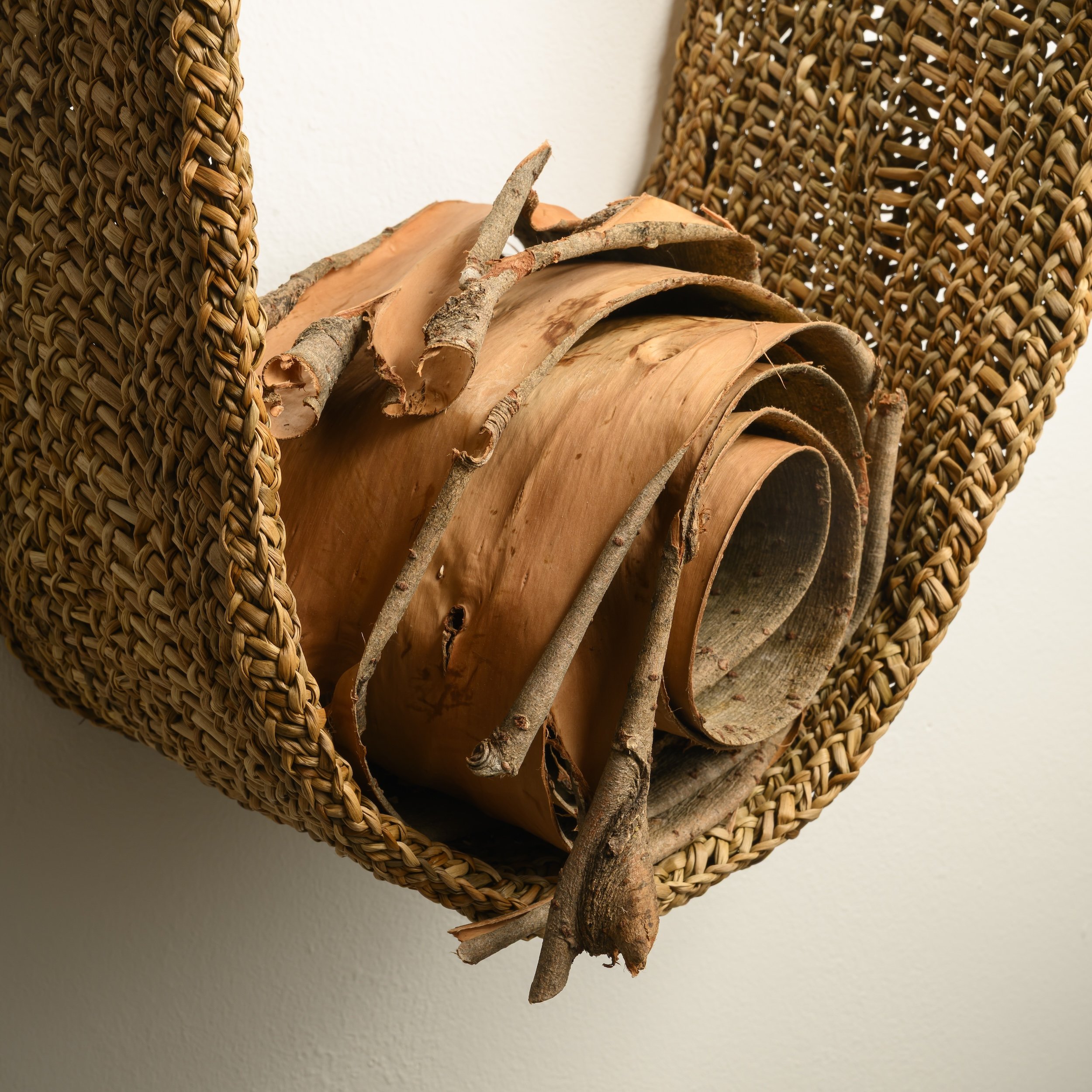 Cradle (detail) 2025, soft rush & willow bark, 52 x 32 x 18cm