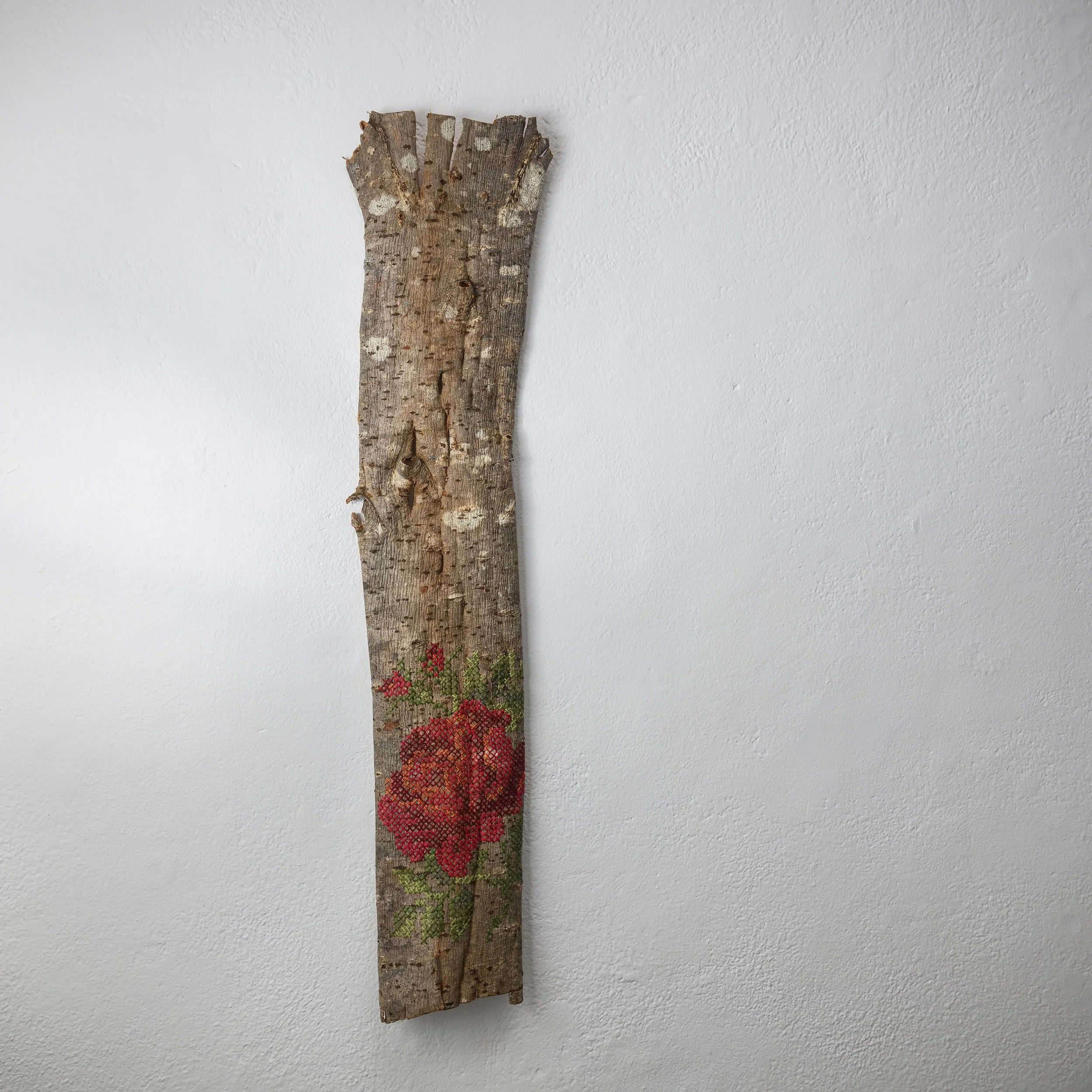 No Farmers Daughters, 2026, willow bark & cotton thread, 70 x 12 x 1cm