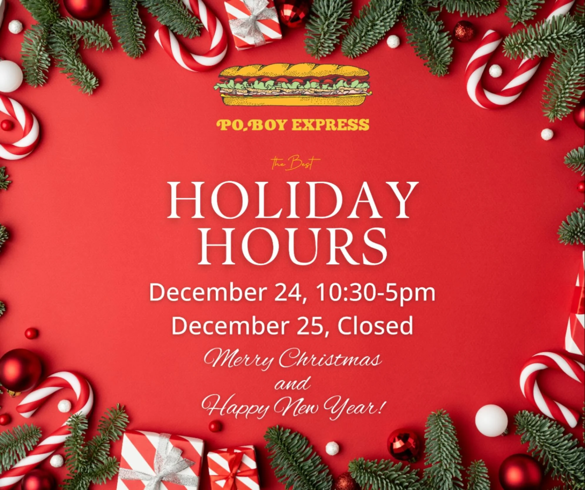 Wishing you happy holidays! 🎁 We&rsquo;re open 10:30&ndash;5 Christmas Eve and closed Christmas Day.
#christmas #happyholiday #poboyexpress #225batonrouge