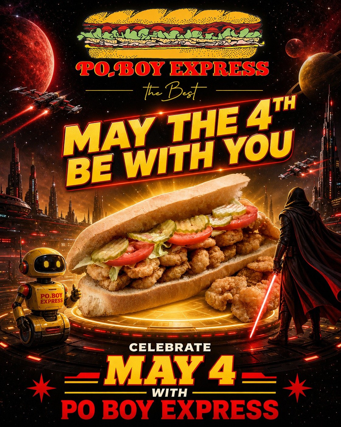 May the 4th be with you! 🌌✨
Celebrate today like a true Jedi&mdash;grab your crew, fuel up, and enjoy the force (and maybe a po&rsquo;boy or two 😉).