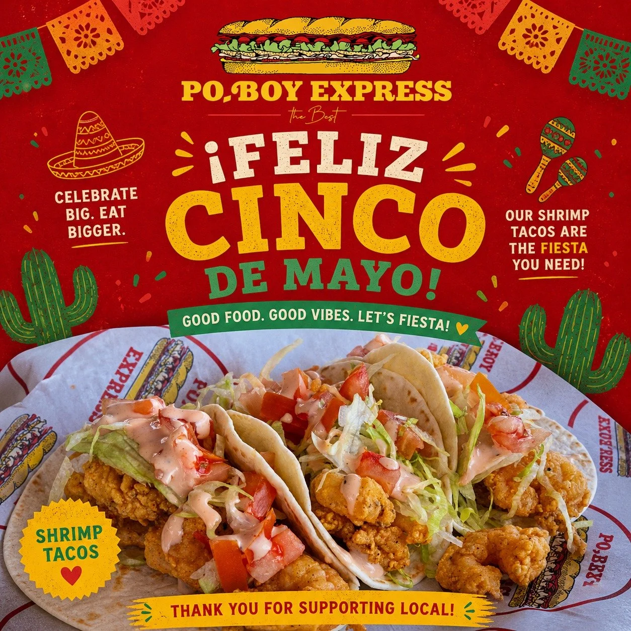 Happy Cinco de Mayo! 🌮🎉
Celebrate the fiesta with our crispy, loaded shrimp tacos&mdash;fresh, flavorful, and made to hit every time 🔥
#cincodemayo #shrimptacos #poboyexpress #225batonrouge #foryou