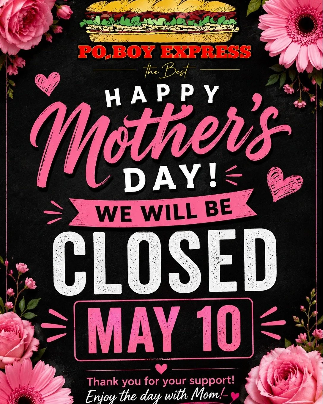 We will be closed for Mother&rsquo;s Day 💐May 10, 2026 🌷
Take the day to celebrate the amazing moms in your life&mdash;thank you for your continued love and support! 💖