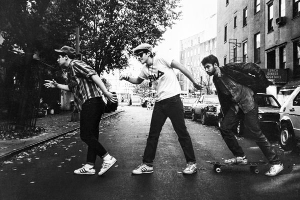 From left: Ad-Rock, Mike D and MCA in an image known as the “Charles Street Shuffle,” during Powell’s first official shoot with the Beastie Boys for the East Village Eye in 1986. Photo by Ricky Powell.