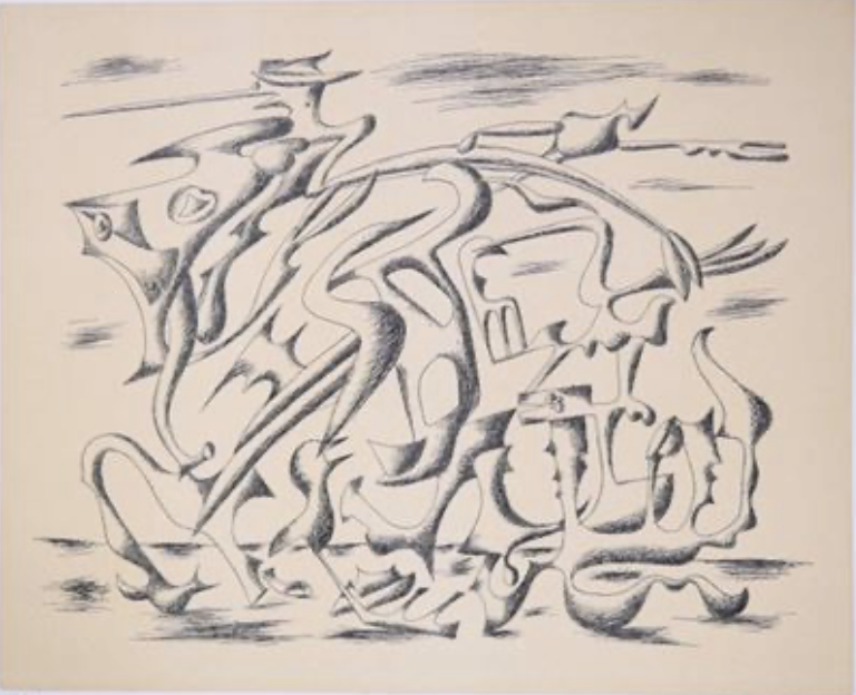 View of a lithography by Pierre de Maria exposed at Galerie Sarto Paris 7 near the musée d'Orsay