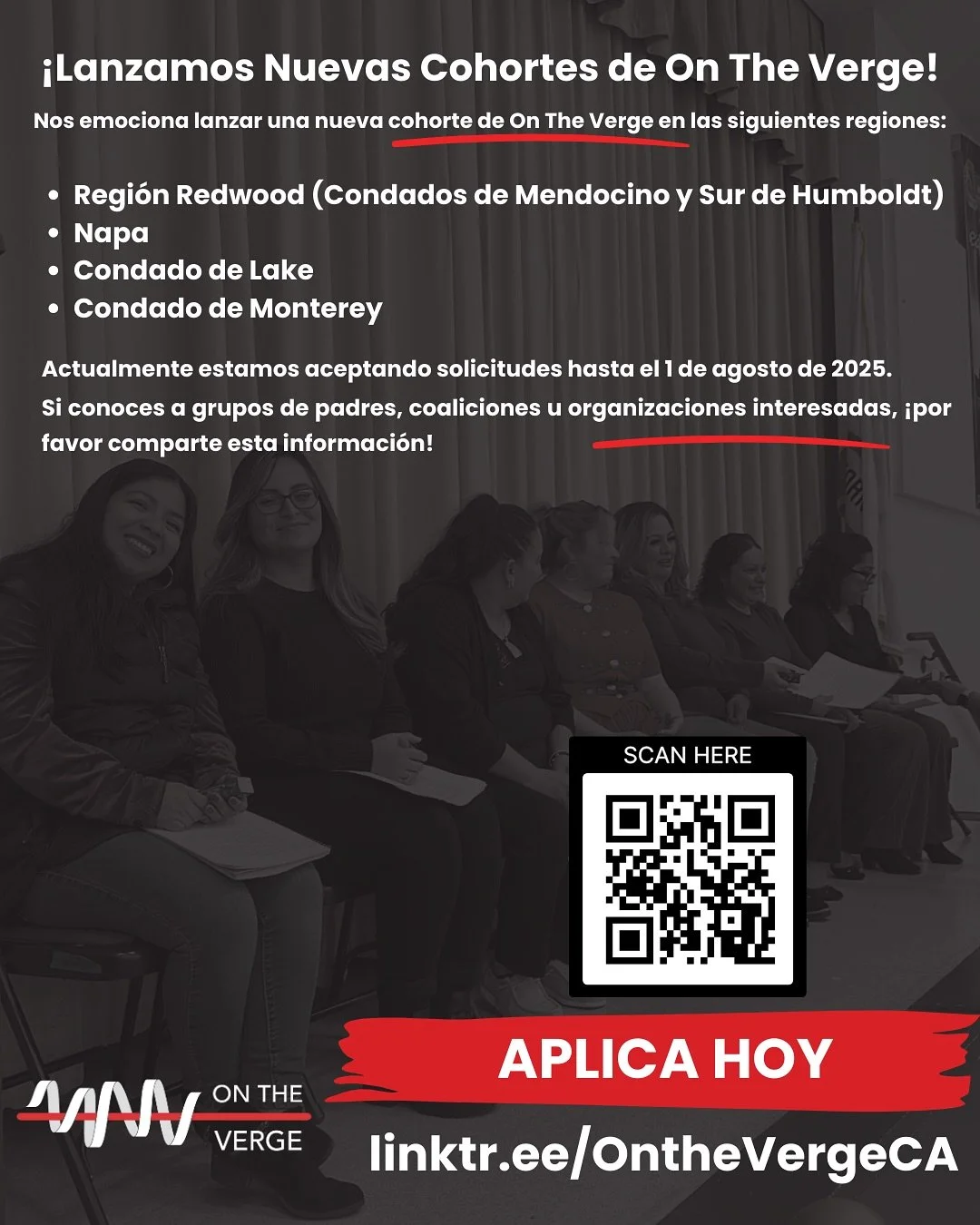 &iexcl;Lanzamos Nuevas Cohortes de On The Verge!
Nos emociona lanzar una nueva cohorte de On The Verge en las siguientes regiones:
&nbsp;&nbsp;&nbsp;&nbsp;&bull;&nbsp;&nbsp;&nbsp;&nbsp;Regi&oacute;n Redwood (Condados de Mendocino y Sur de Humboldt)
&