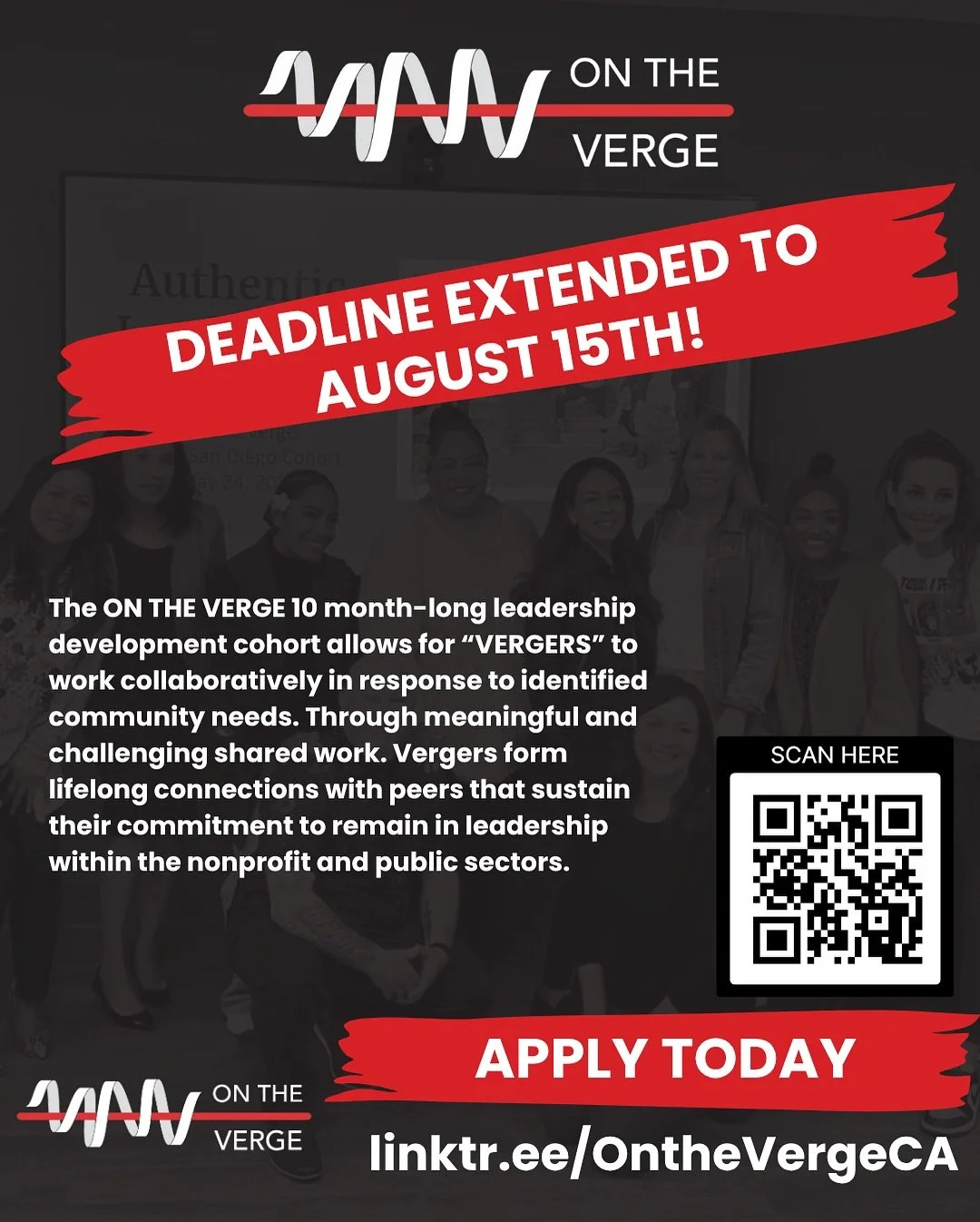 🔥🔥🔥🔥🔥🔥🔥🔥🔥
DEADLINE EXTENDED TO AUGUST 15TH!

The ON THE VERGE 10 month-long leadership development cohort allows for &ldquo;VERGERS&rdquo; to work collaboratively in response to identified community needs. Through meaningful and challenging 