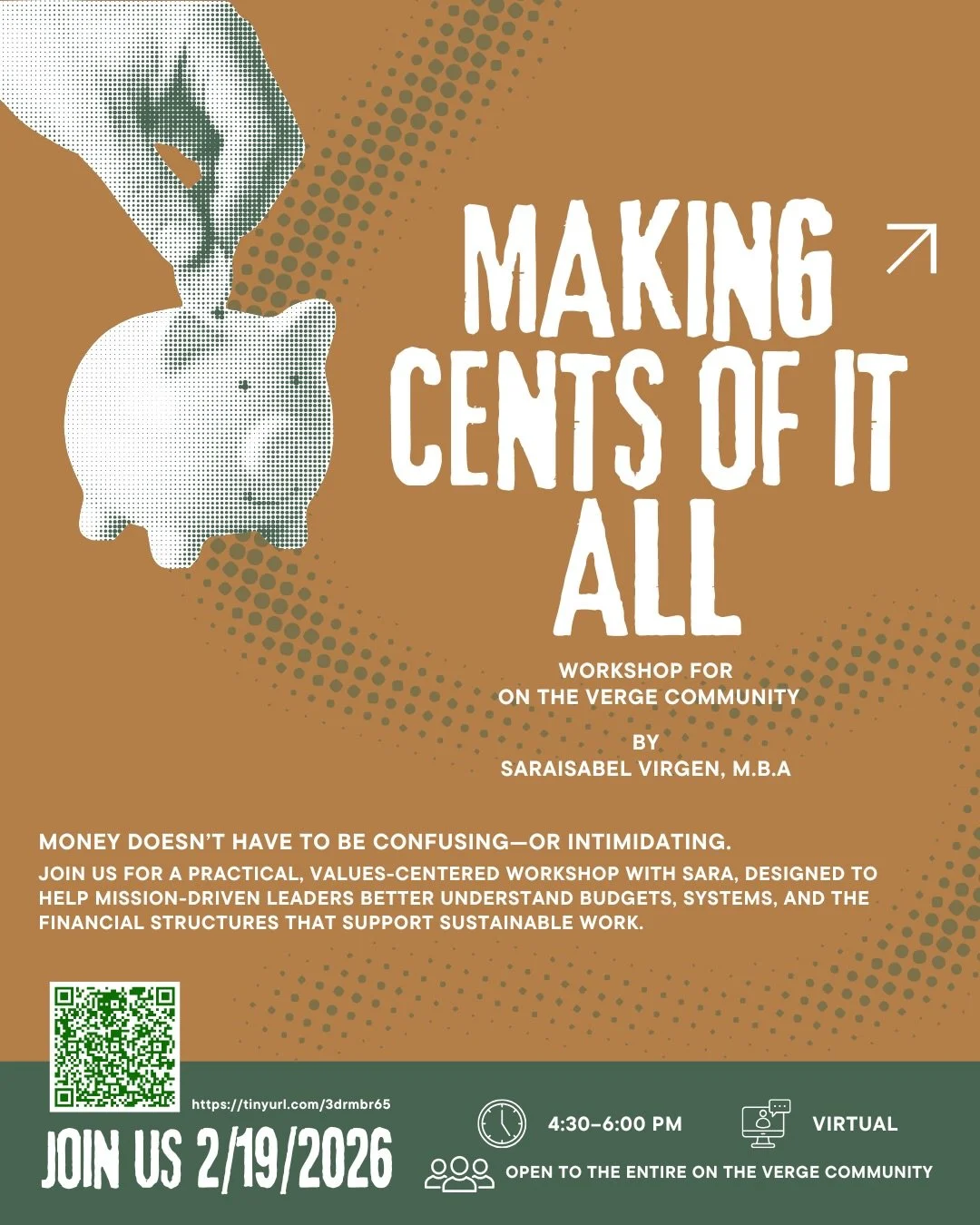 💡 Making Cents of It All
Money doesn&rsquo;t have to be confusing&mdash;or intimidating.

Join us for a practical, values-centered workshop with Sara, designed to help mission-driven leaders better understand budgets, systems, and the financial stru