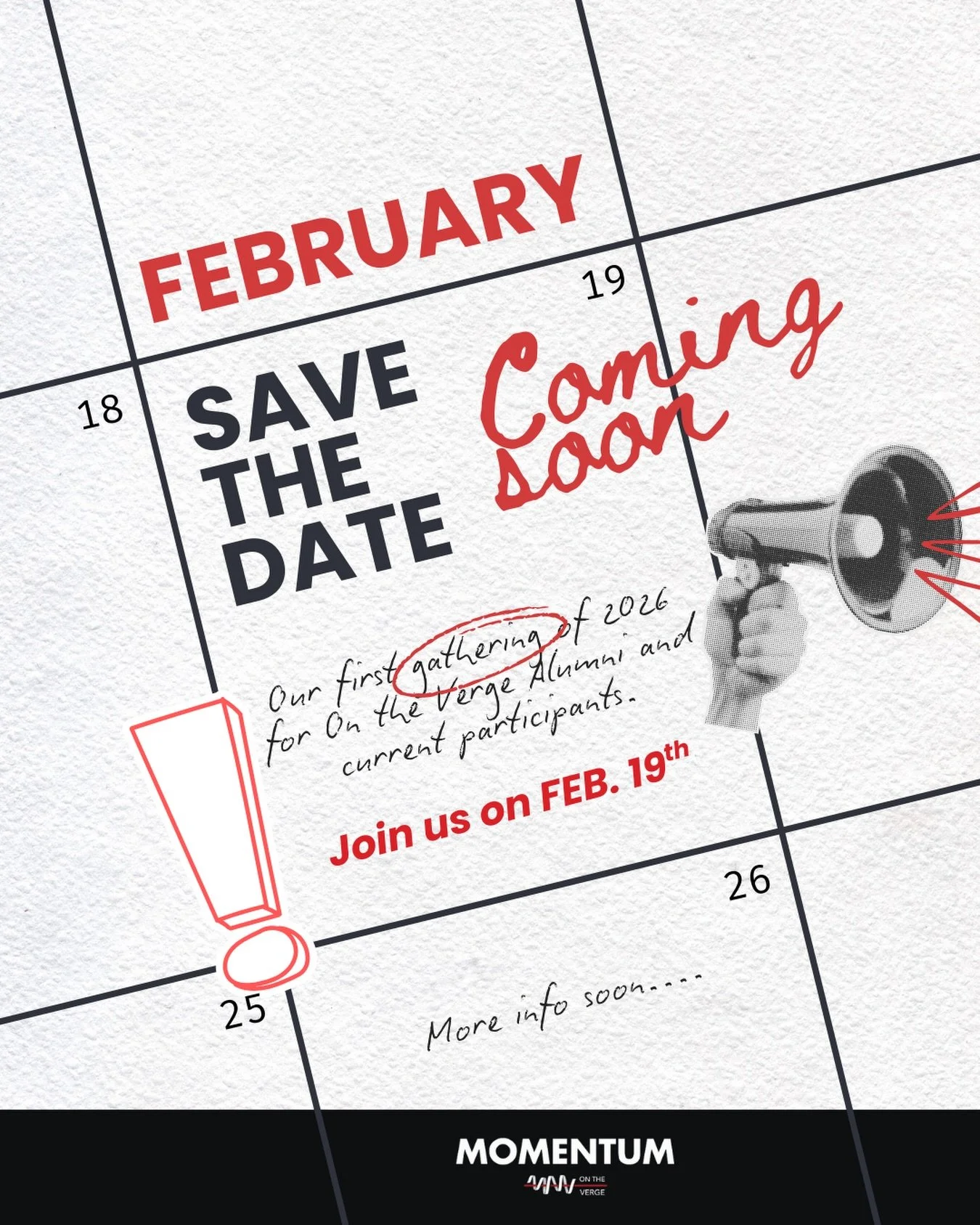 Join us for our first gathering of the year! 🎉

💻This will be a virtual gathering for on the verge, alumni and current participants. 

Save the date for February 19th

more info soon.👀