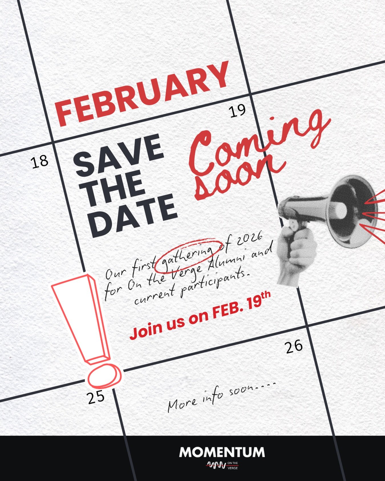 Join us for our first gathering of the year! 🎉

💻This will be a virtual gathering for on the verge, alumni and current participants. 

Save the date for February 19th

more info soon.👀