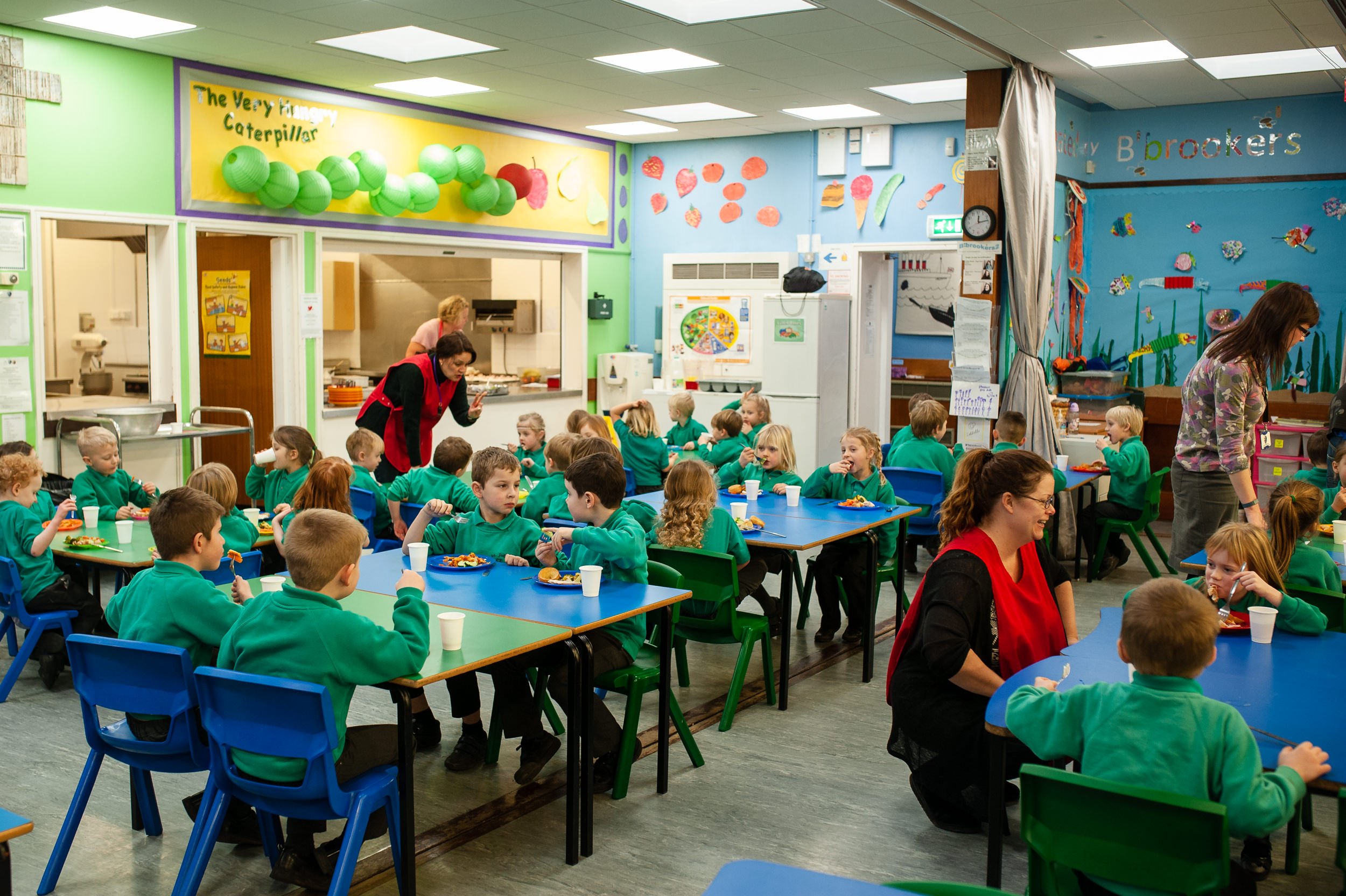 children eating lunch at school, blue tables, primary school