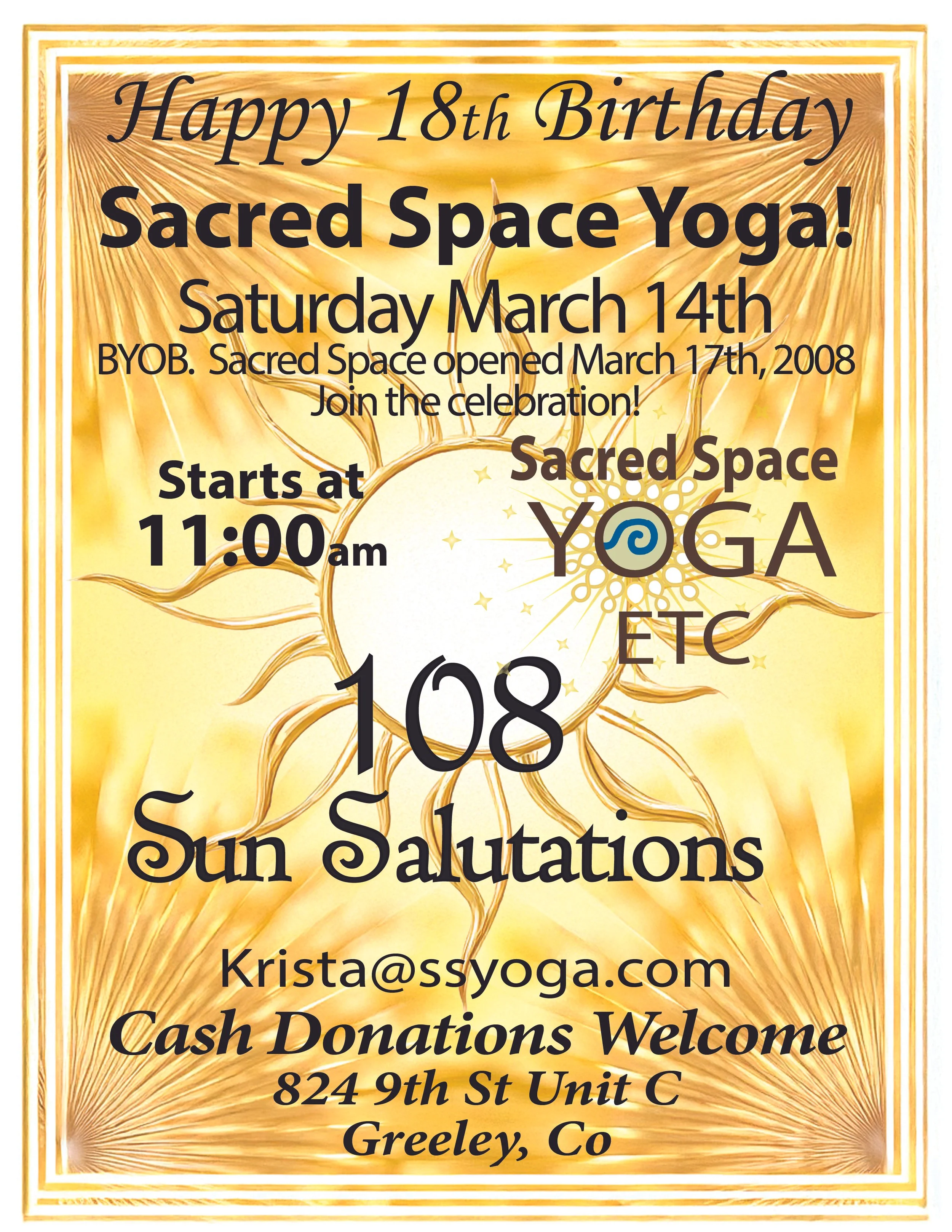 Sacred Space 108 Sun Salutations and 18th Birthday!