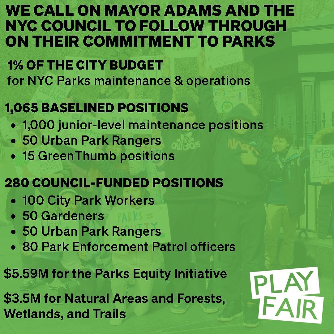 @nycmayor wants to slash @nycparks funding by over $70mil &mdash; $47mil in proposed cuts + $25mil in PEG cuts &mdash; bringing dangerously close to Covid austerity levels, when park conditions hit record lows.  Demand #1percentforparks and sign the 