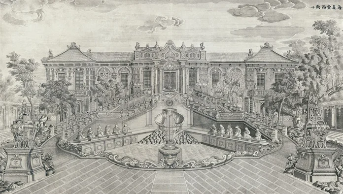 Illustration af det kejserlige sommerpalads Yuanming Yuan før invasionen i 1860. I midten af billedet ses de tolv stjernetegnsskulpturer.