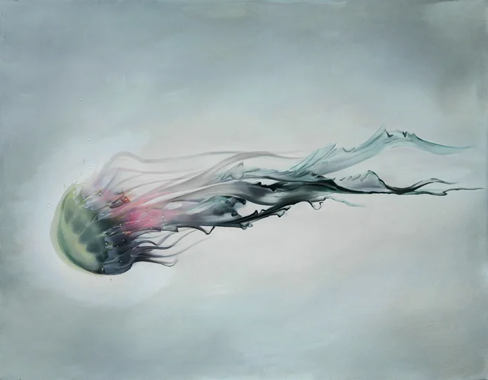 宋琨/ Song Kun, Jellyfish, 2015, Oil on canvas, crystal resin collage, 140×180cm.