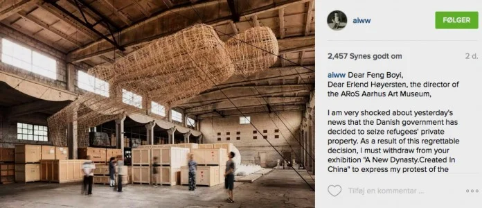 Opslaget på Ai Weiwei’s Instagram, der meddelte at han ville trække sit værk Yu Yi tilbage fra udstillingen på ARoS.