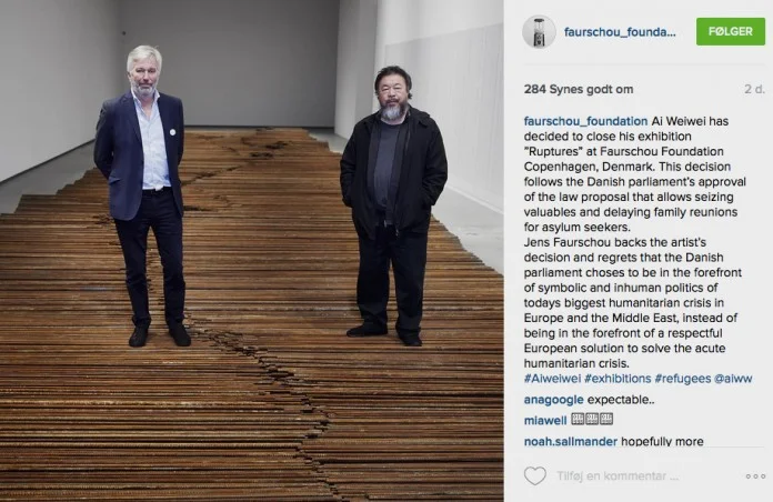 Opslaget på Faurschous Instagram, der meddelte Ai Weiwei’s lukning af udstillingen Ruptures.