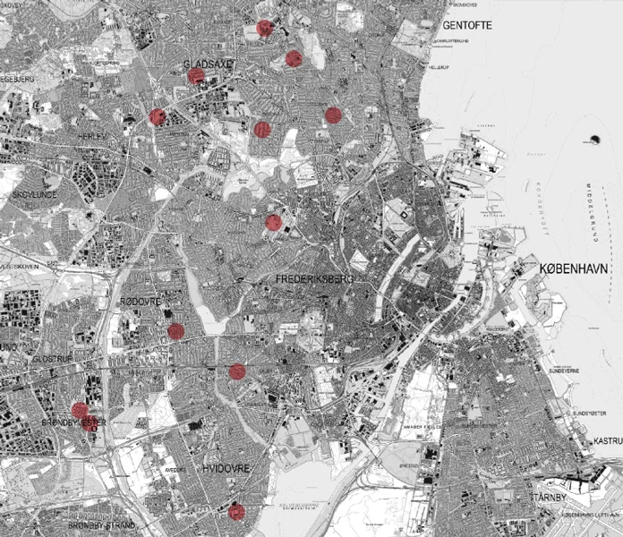 Kort over København med de 12 høje markeret.