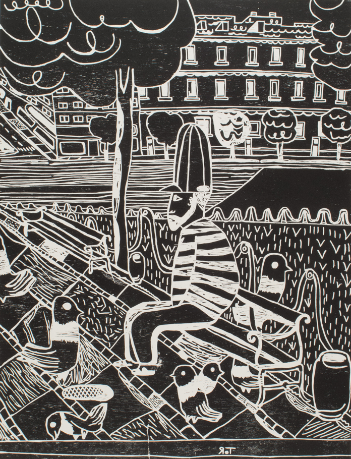 Tal R. “Pigeon man”, 2014 | Woodcut, 97 x 75cm | Courtesy of Niels Borch Jensen Editions.