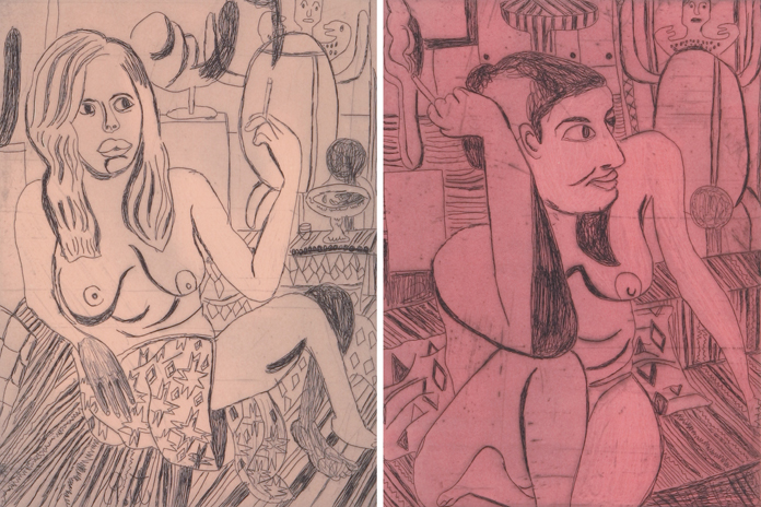 Tal R. “Girl smoking” series, 2014 | Line etching, 43,5 x 37cm. | Courtesy of Niels Borch Jensen Editions.
