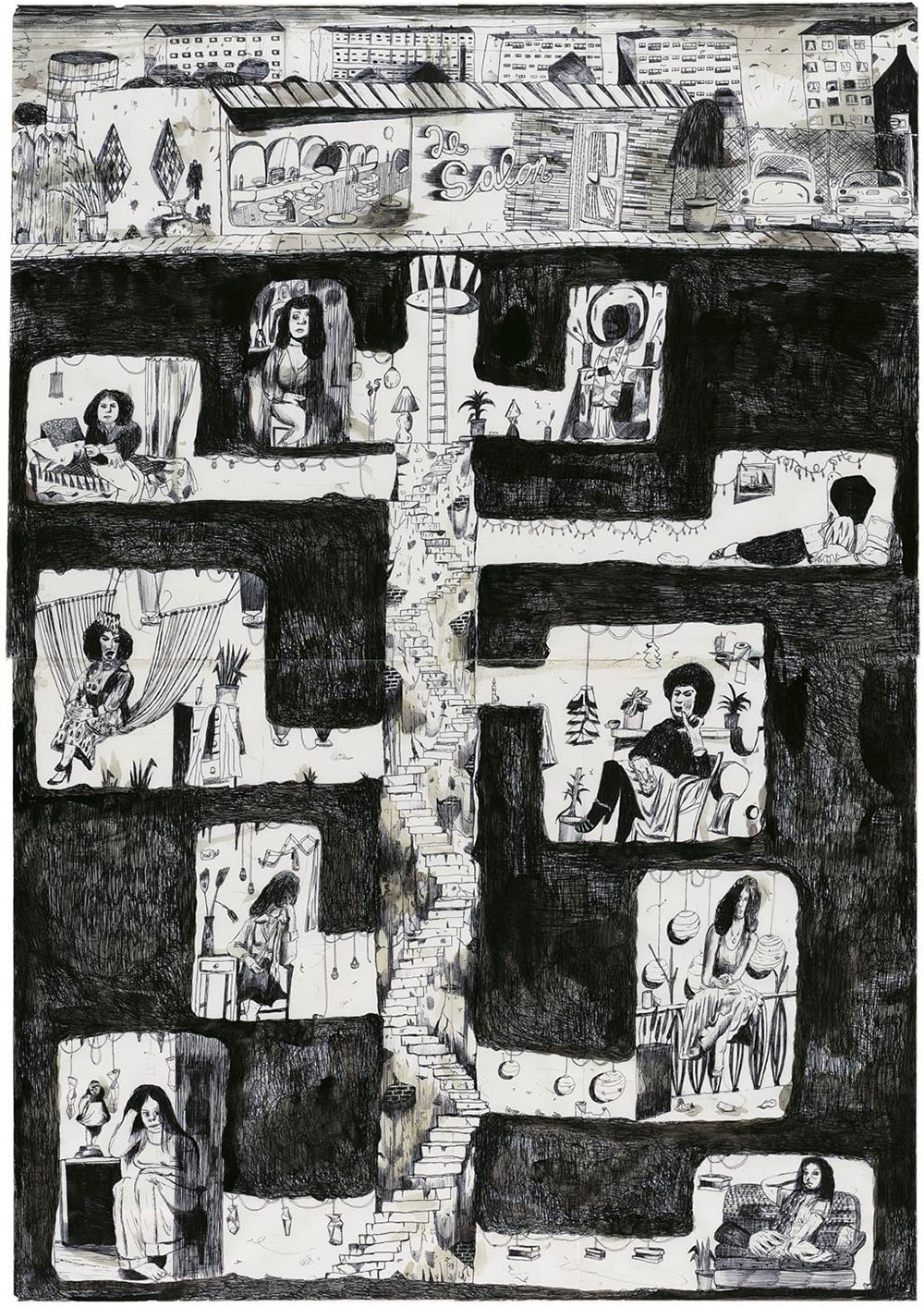 Tal R, "Frisoren", 1999, ball-pen on paper, 82.5 x 58 cm. Private Collection.