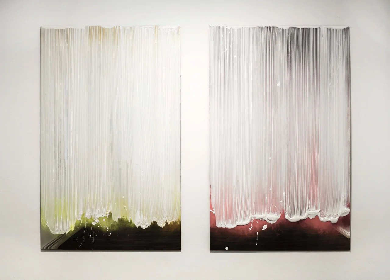 Ruth Campau “FIELDING (white/yellow),“ & “FIELDING (white/rose),“ 2019. Photo: Lutz Grünke.