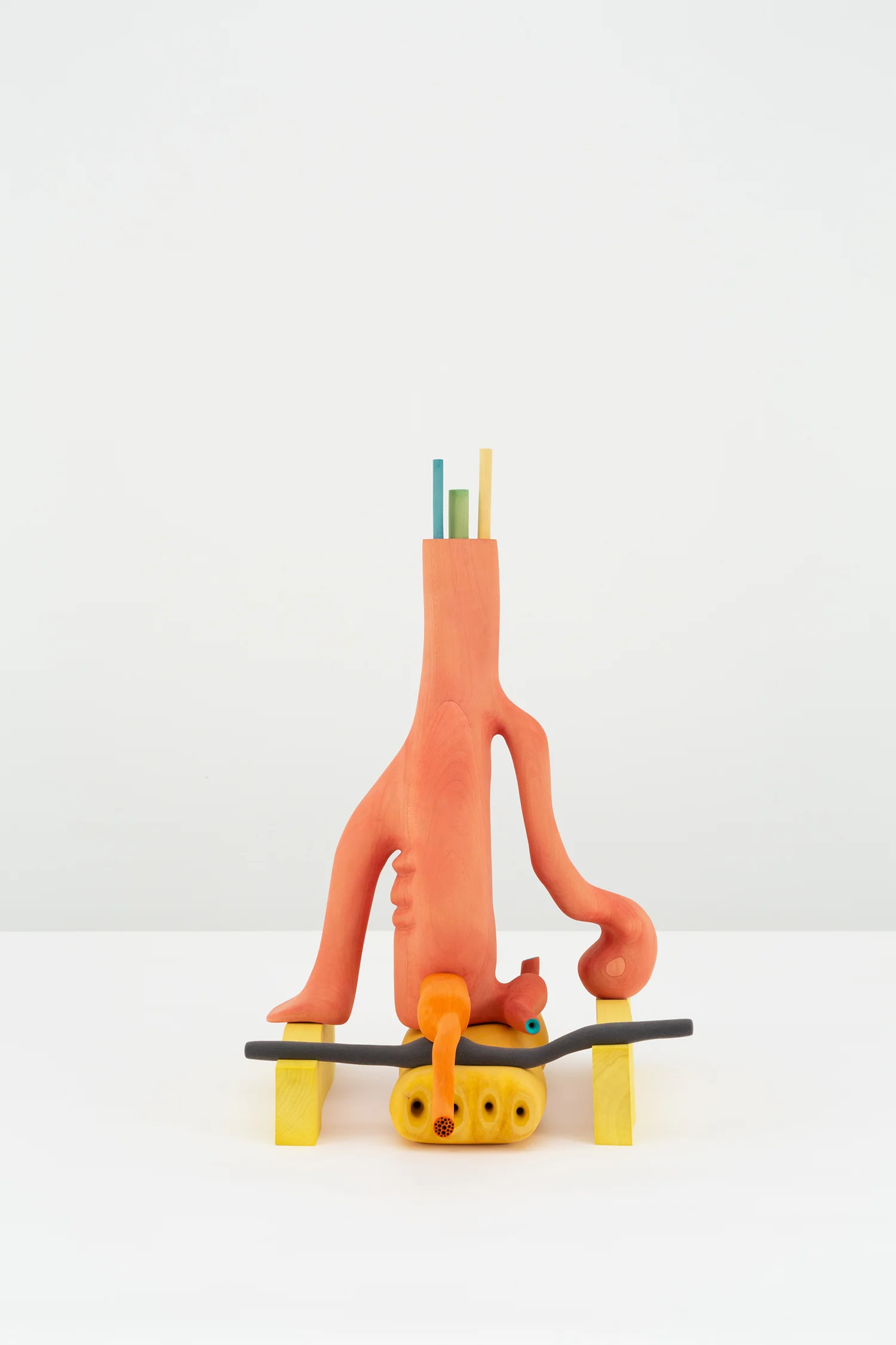 Matthew Ronay “Headlessness,” 2019 (Basswood, dye, gouache, flocking, plastic, steel 61 x 40,6 x 61 cm).