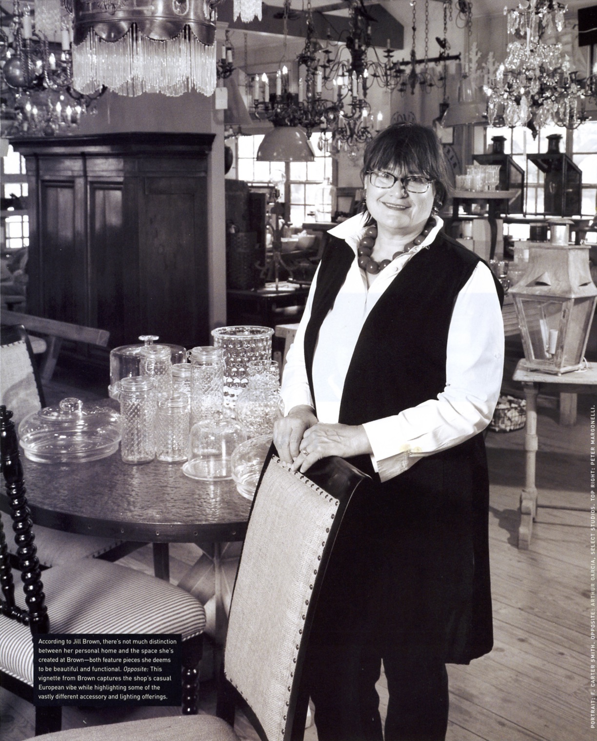According to Jill Brown, there's not much distinction between her personal home and the space she's created at Brown — both feature pieces she deems to be beautiful and functional. This vignette from Brown captures the shop's casual European vibe while highlighting some of the vastly different accessory and lighting offerings.
