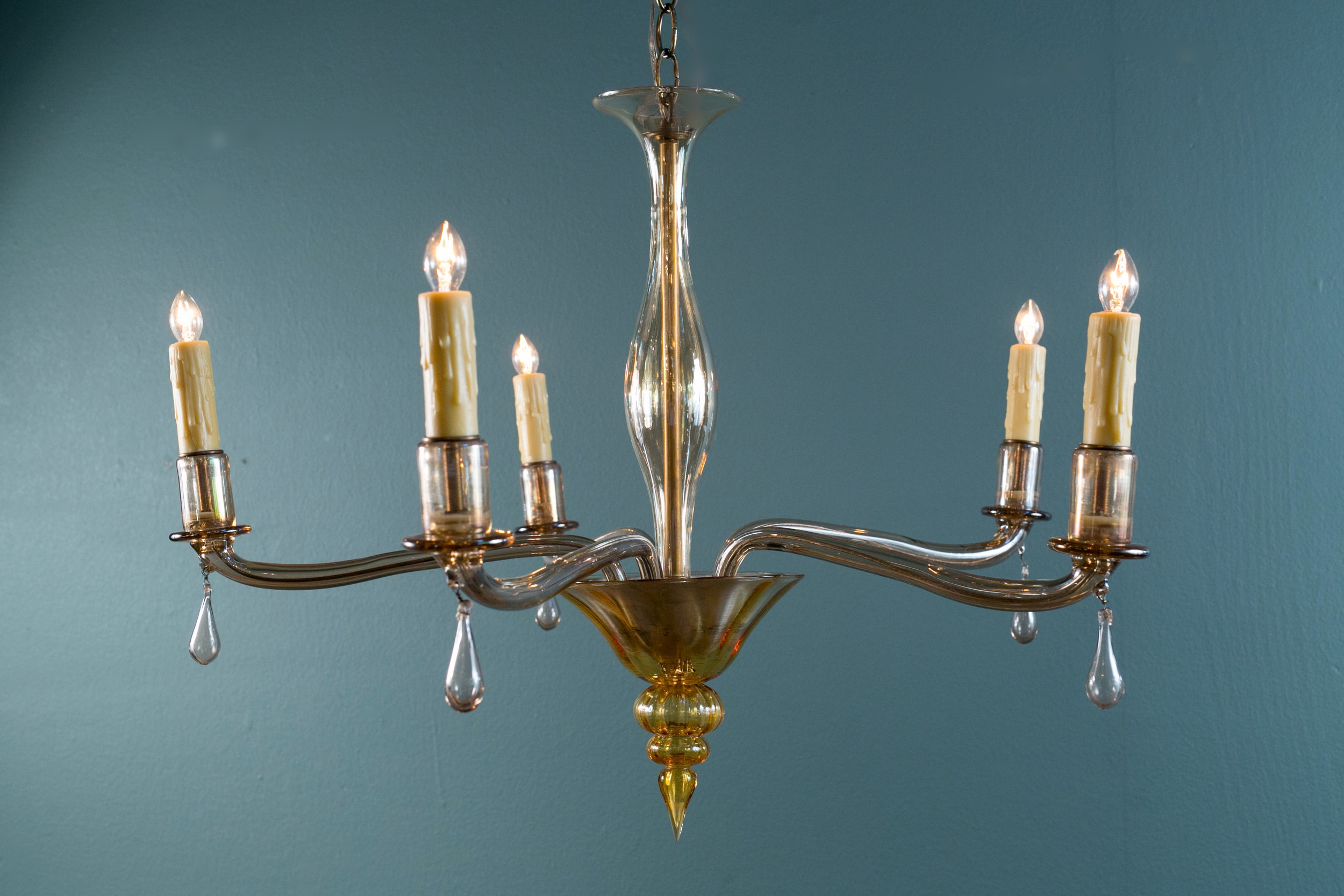 Five Arm Moderne Murano Chandelier with Drops