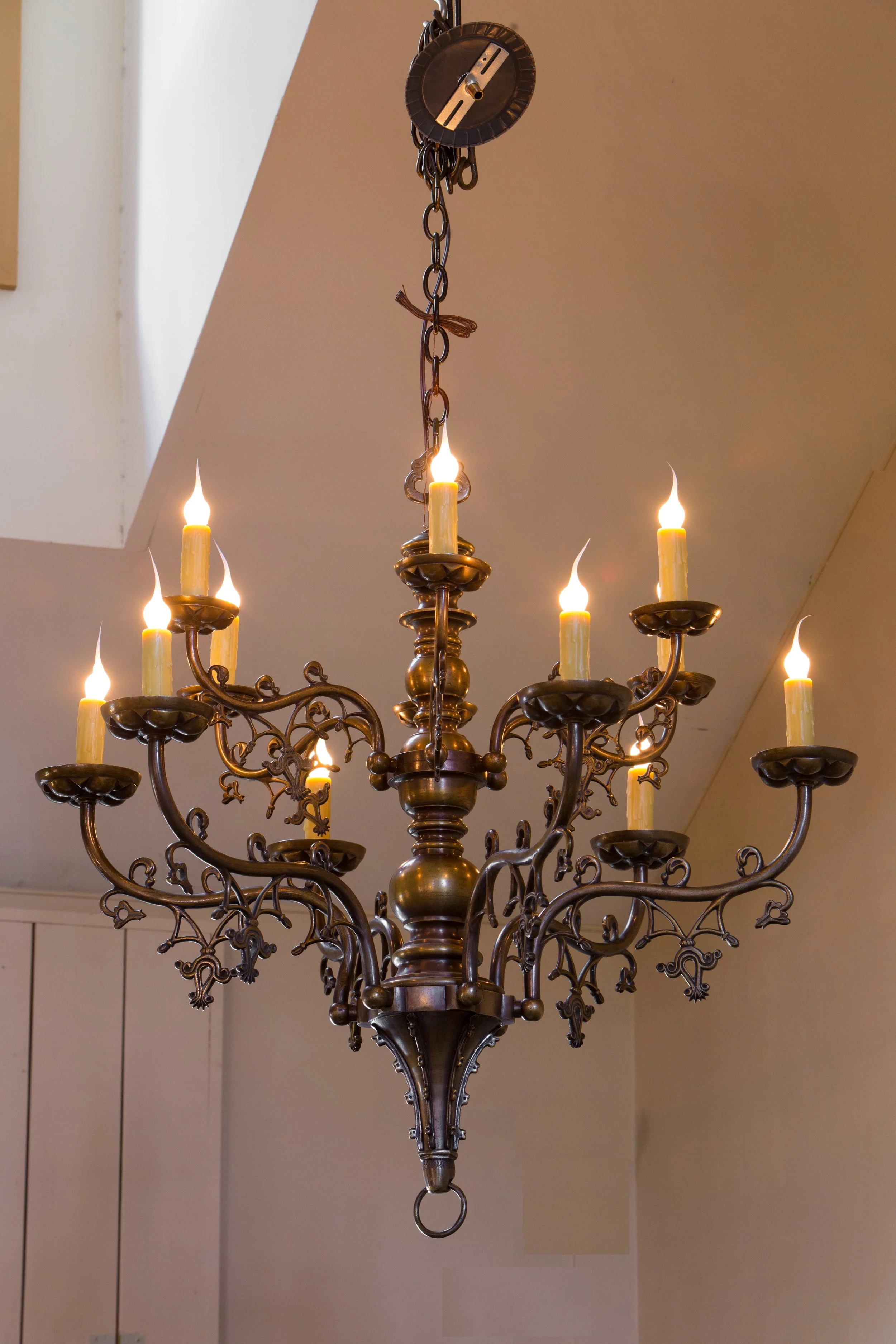 Belgian Gothic-Style Bronze Chandelier with Twelve Arms, circa 1900