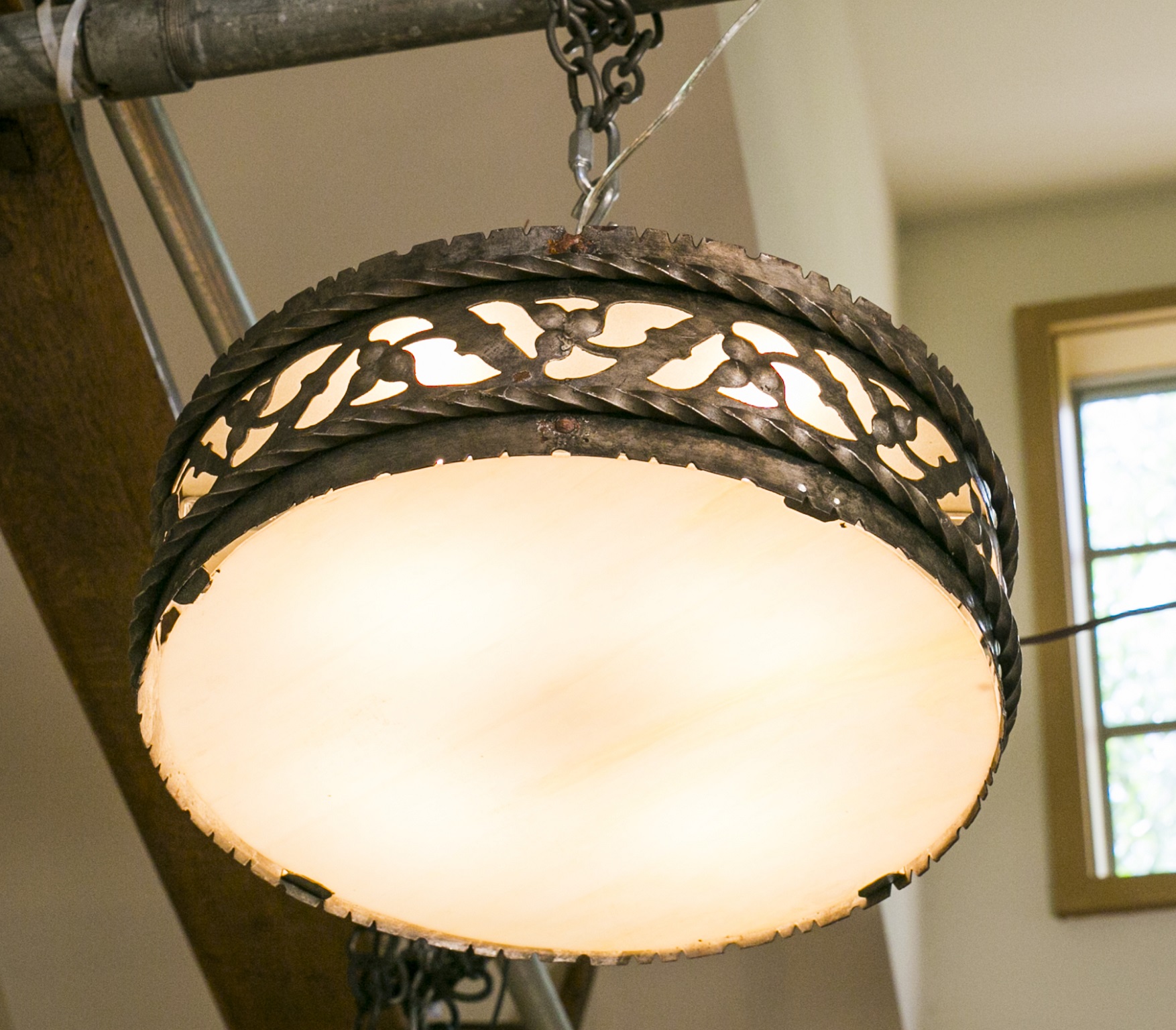 Large Iron and Art Glass Flush Mount Light from Belgium, circa 1910