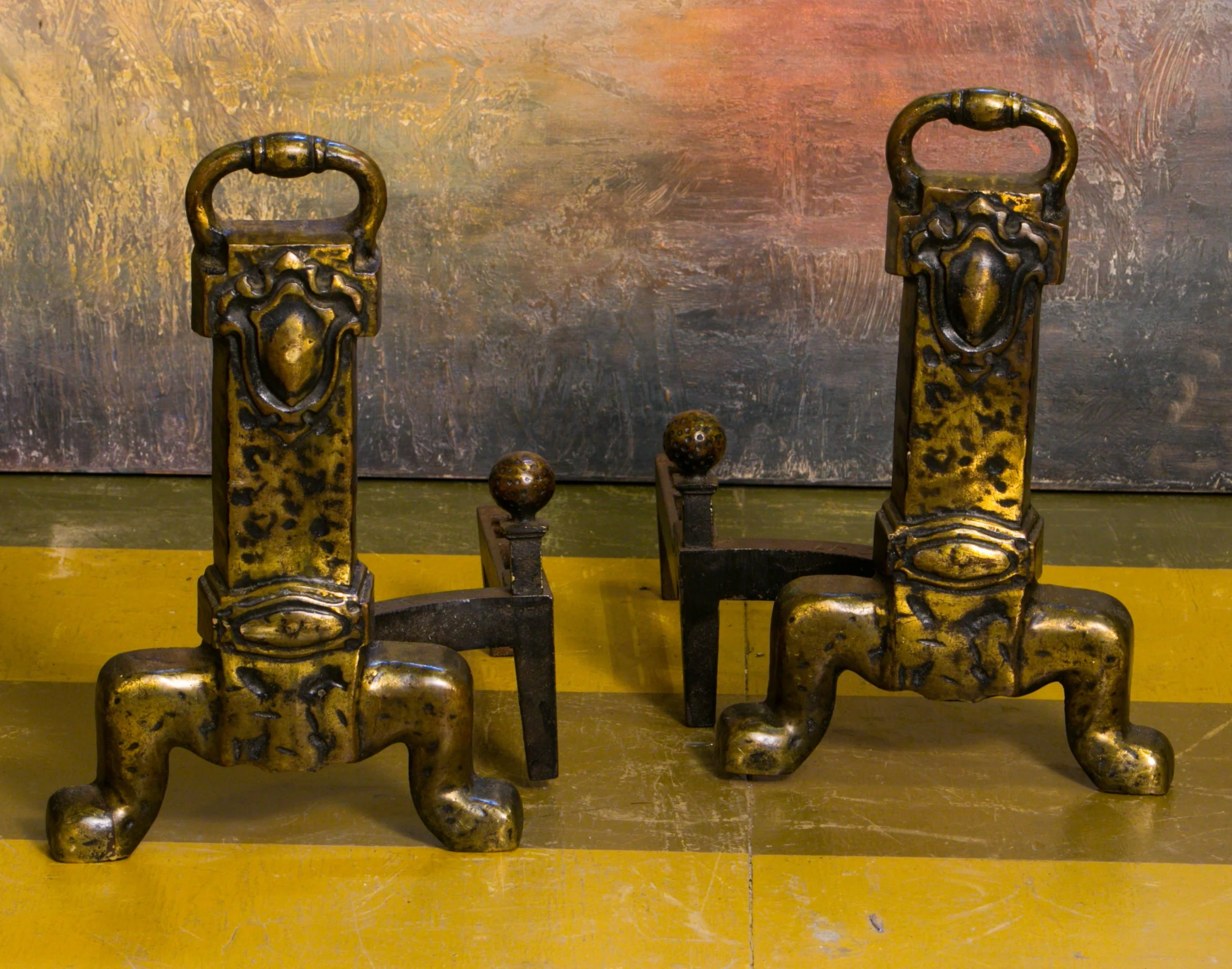 Pair of Unusual Arts & Crafts Style Bronze Andirons from Belgium, circa 1930