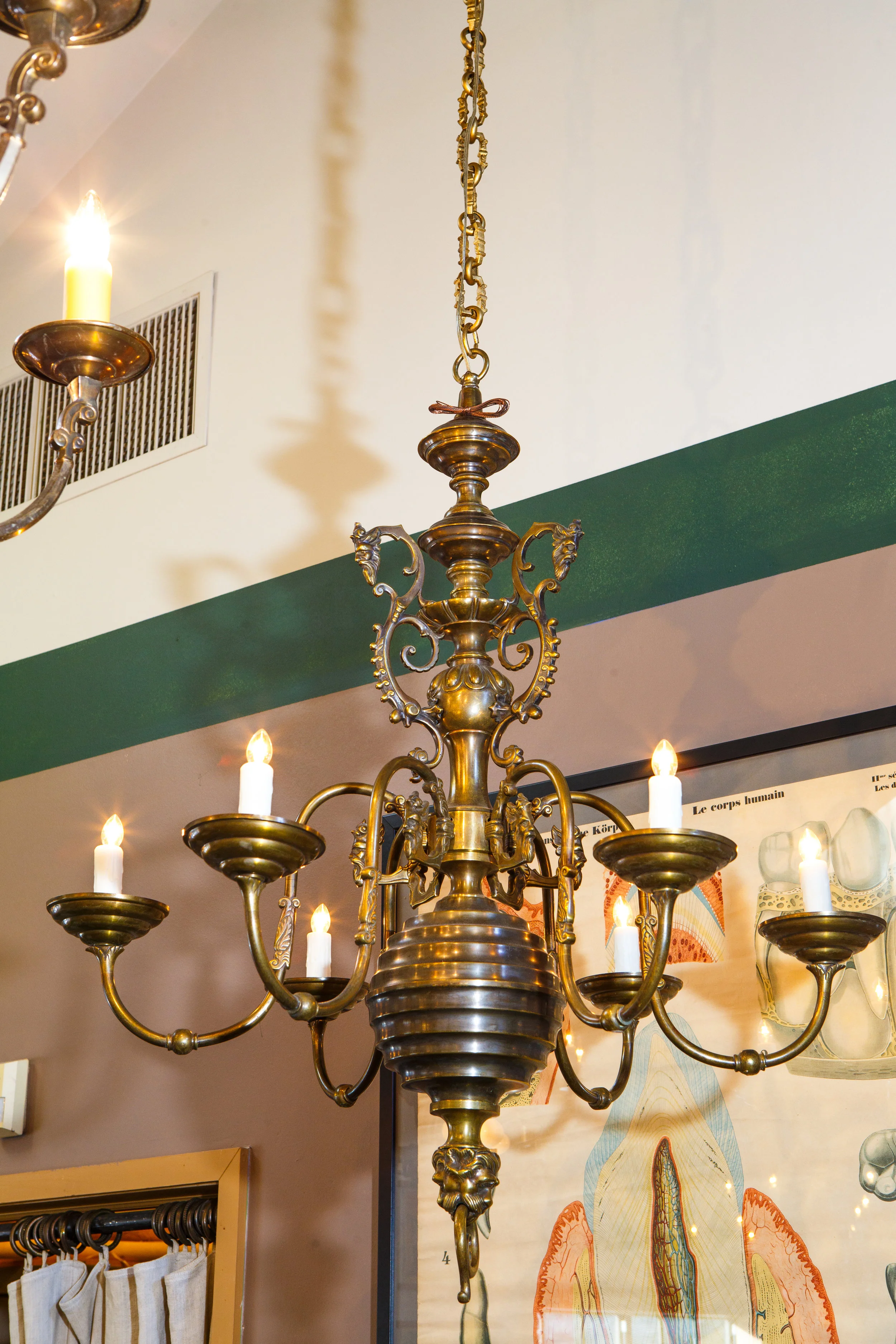 Belgian Bronze Dutch Baroque Chandelier with Lion's Head Finial