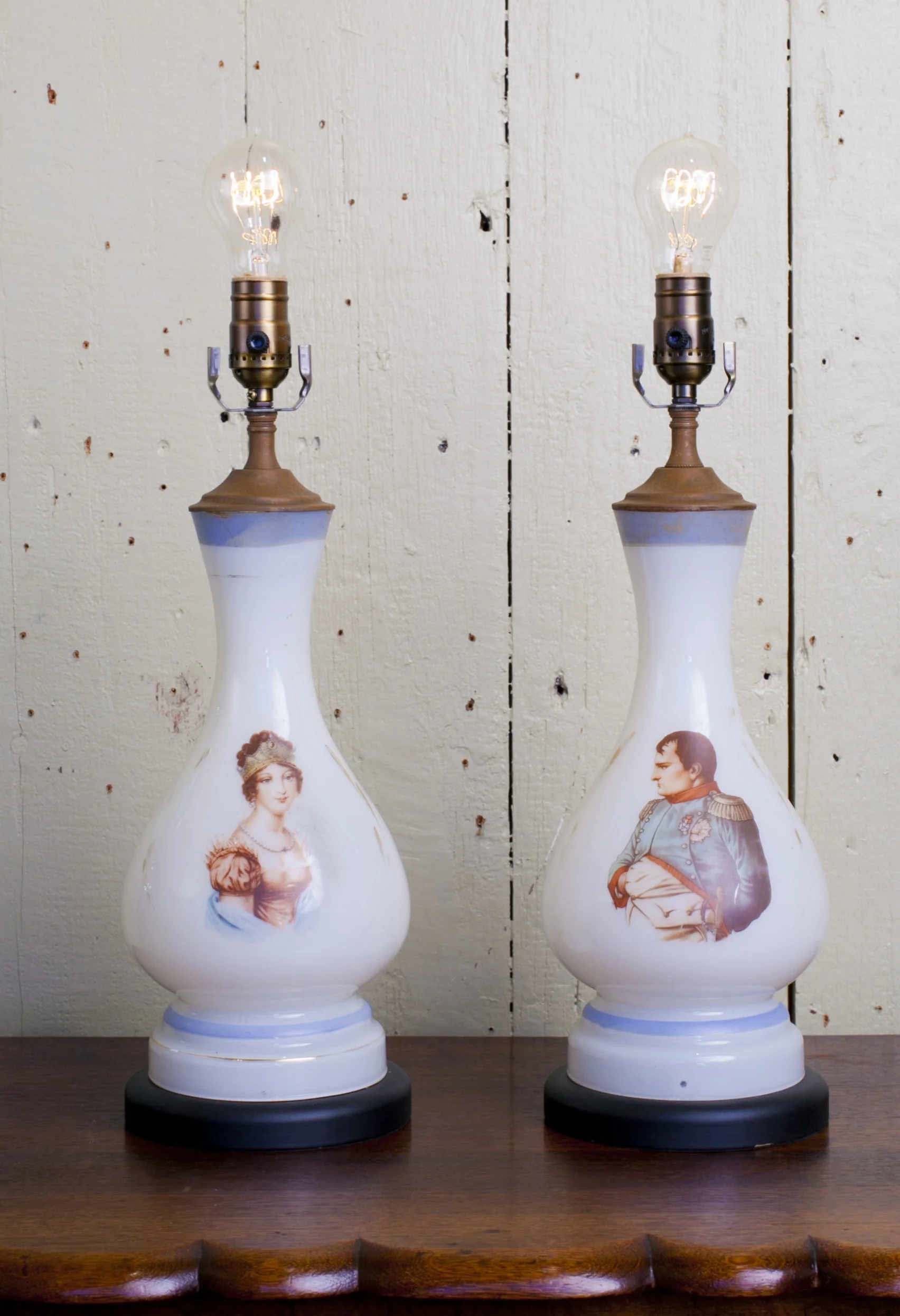 Handblown, Hand-Painted, Antique Opaline Napoleon and Josephine Table Lamps