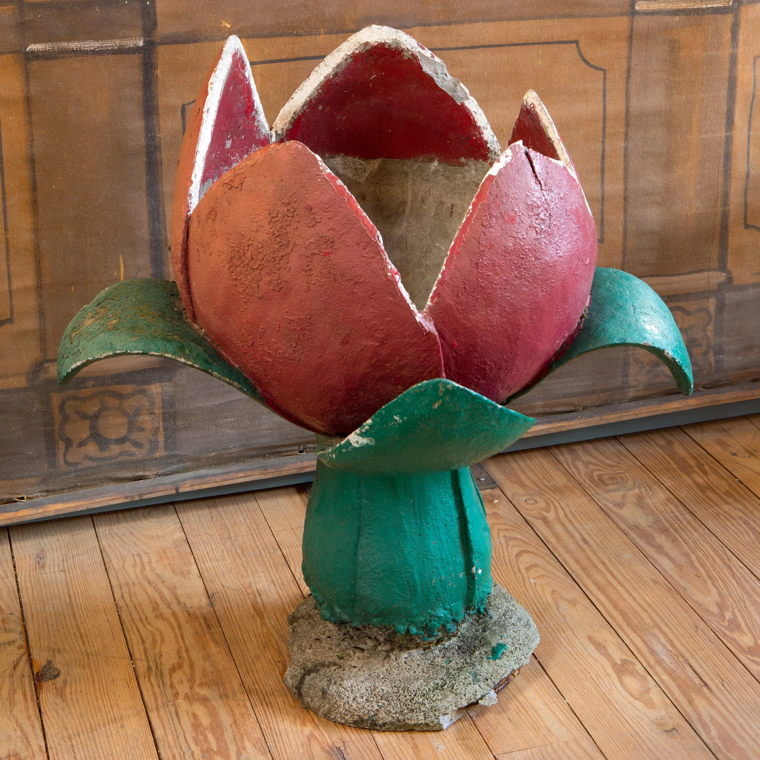 Vintage Hand-Made Belgian, Mid-Century, Tulip Painted Concrete Planter