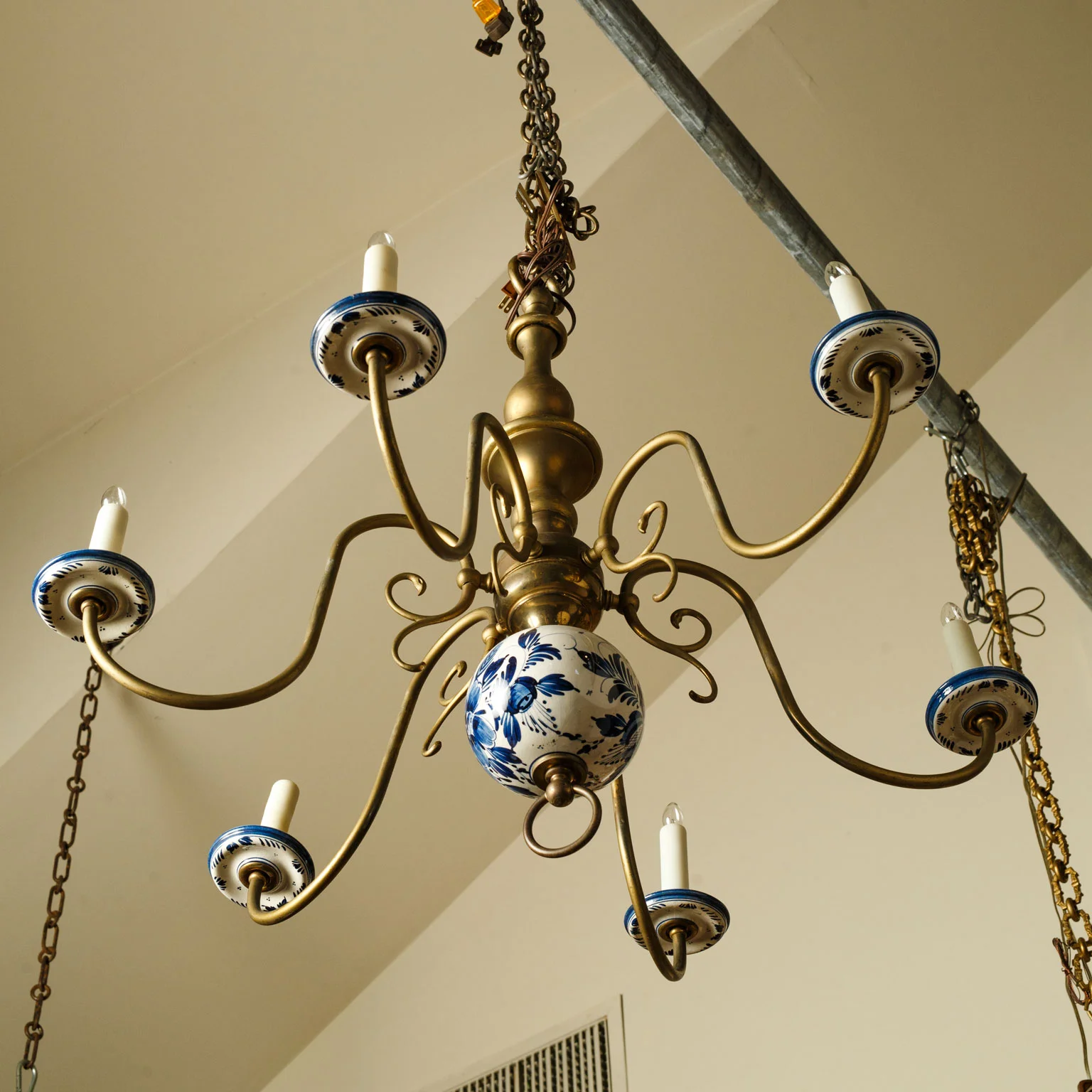 Spectacular Delft and Bronze Chandelier