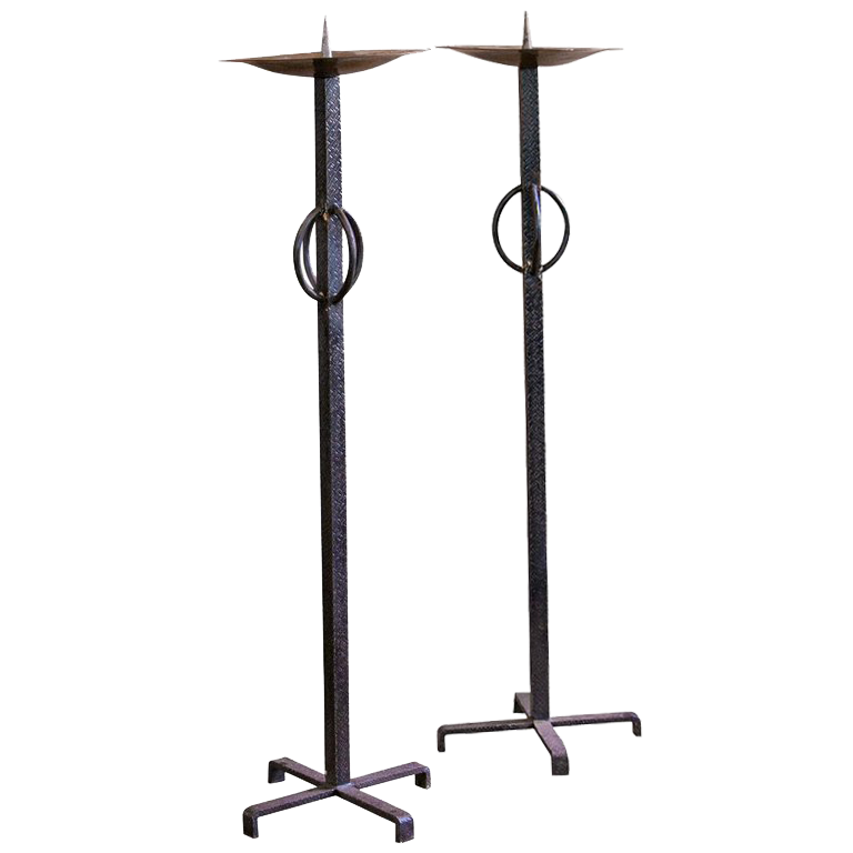 Pair of Mid-Century Brutalist Candle Sticks of Brass and Iron