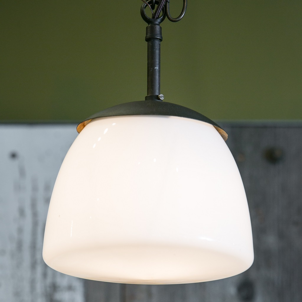 Antique Milk Glass and Iron Pendant