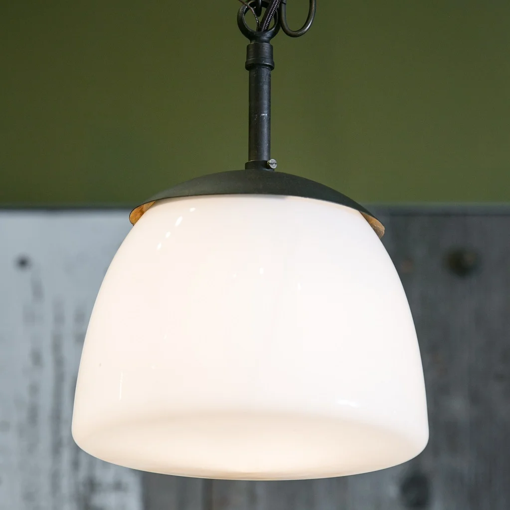 Antique Milk Glass and Iron Pendant