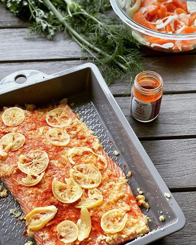 If you&rsquo;re not cooking out of @adeenasussman &lsquo;s Sababa, you need to order it now! This simple three ingredient salmon is magic- preserved lemon, sweet paprika, and salmon. That&rsquo;s it! Use @burlapandbarrel paprika to top it off. In lov