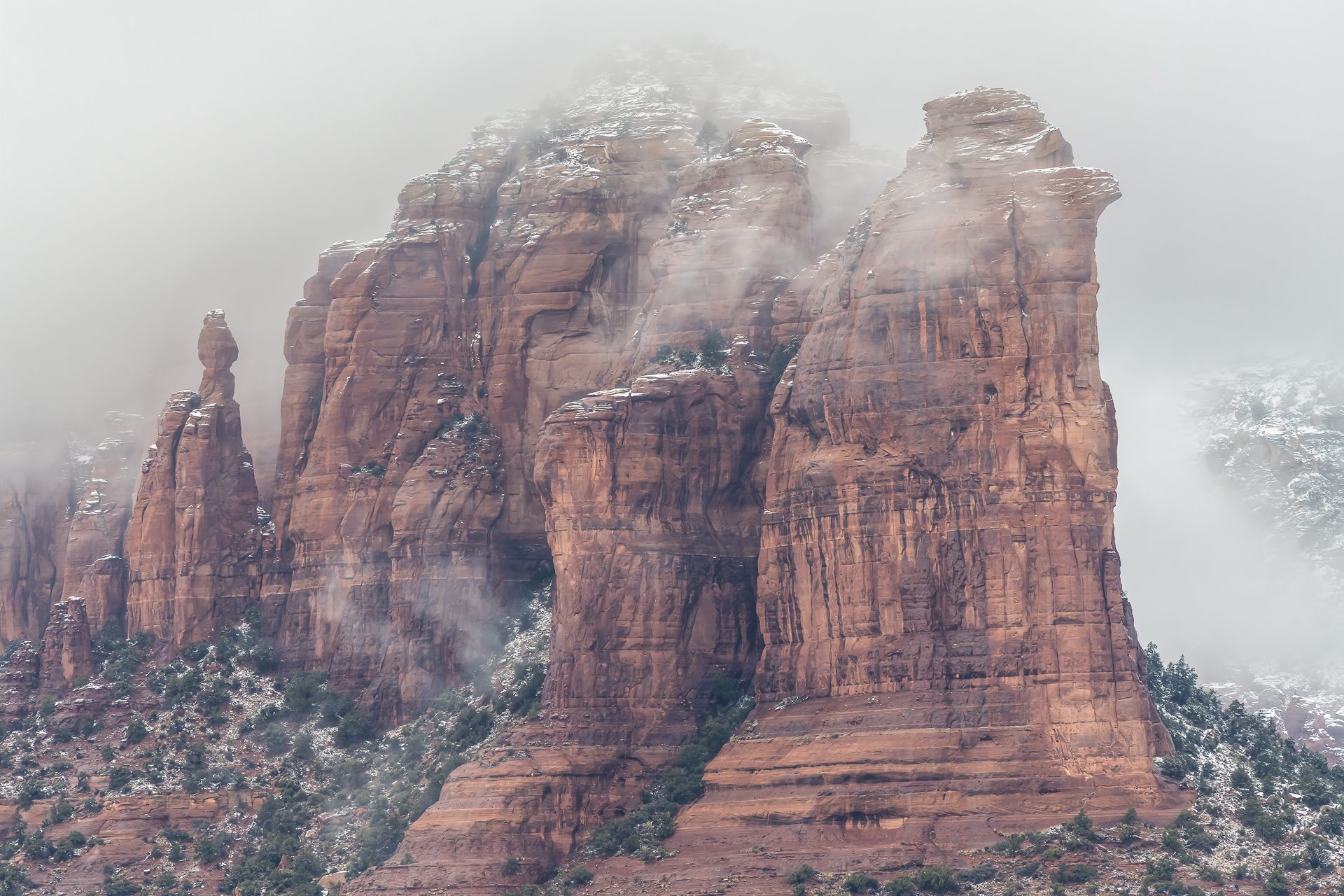 Coffee Pot Rock shrouded in fog