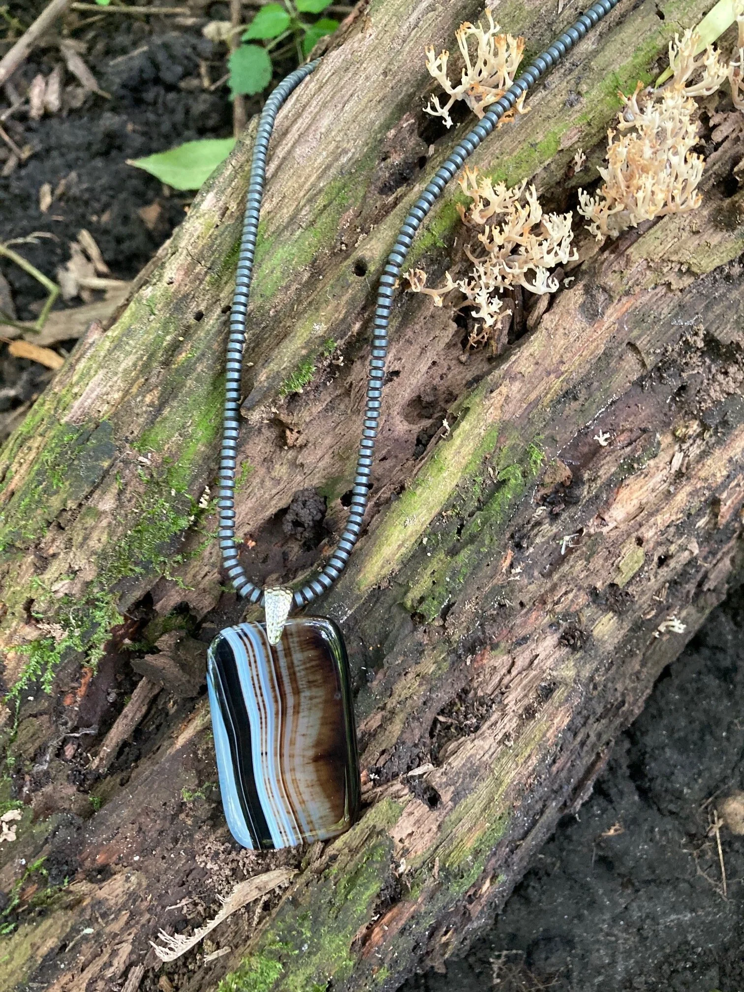 Botswana Agate:Hematite:Plated Silver Necklace.jpeg