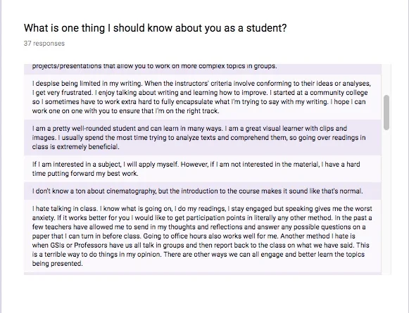 After getting responses like these, I made sure to include extra resources on film materials on the course website, as well as providing many ways for students to participate. 