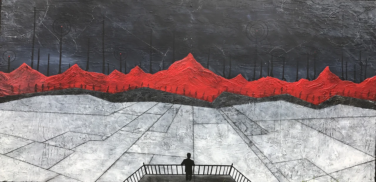 THE THOUSANDTH FLOOR acrylic on wood panel, integrated frame 74”x37” $1,200