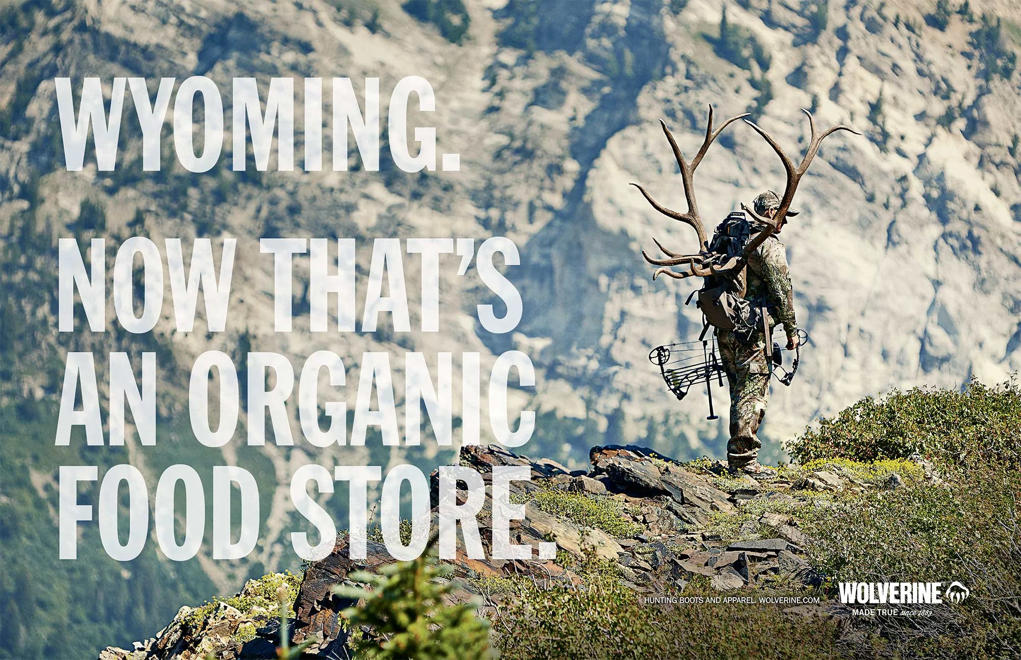 Final print ad for Wolverine outdoor and hunting boots photographed high up in Snowbird, Utah.