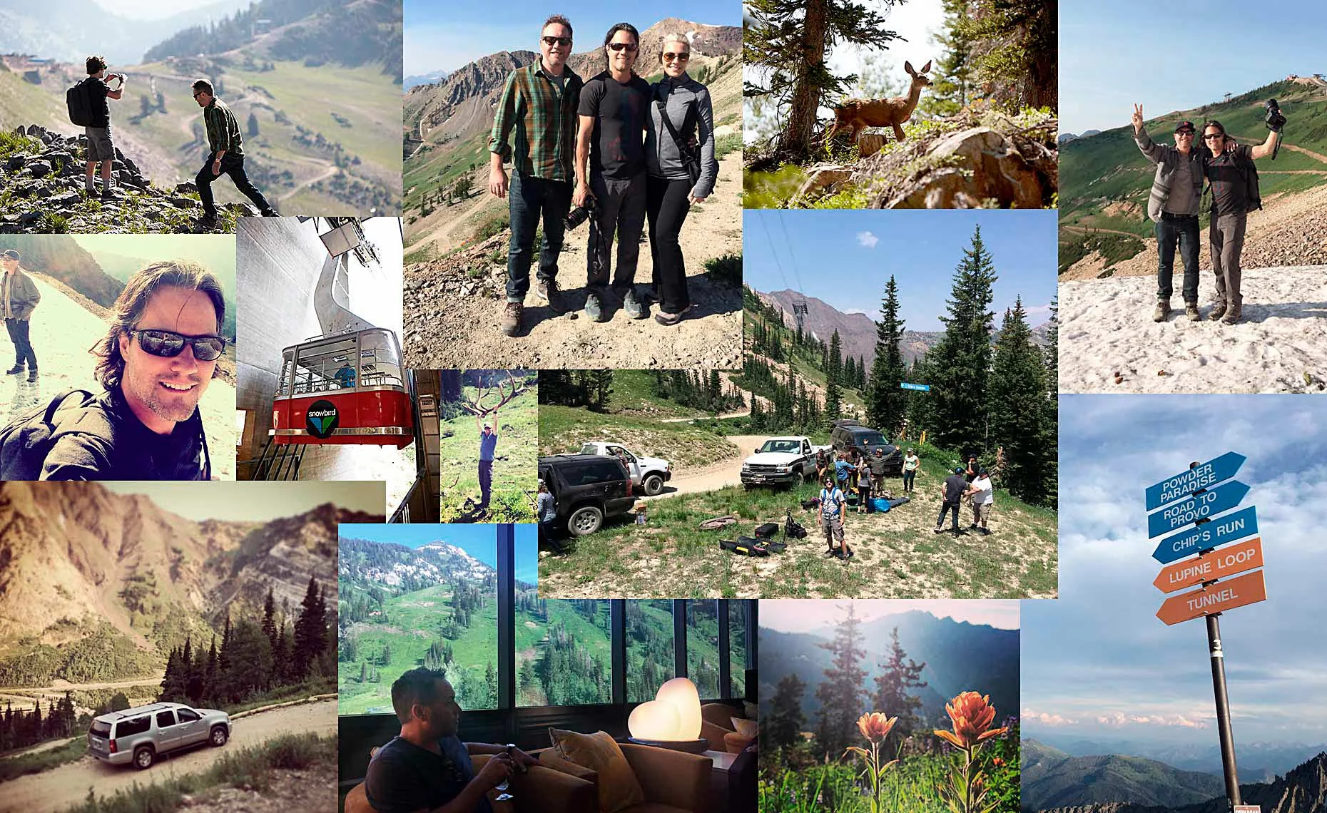 A collage of behind the scenes images from the location in Snowbird, Utah.
